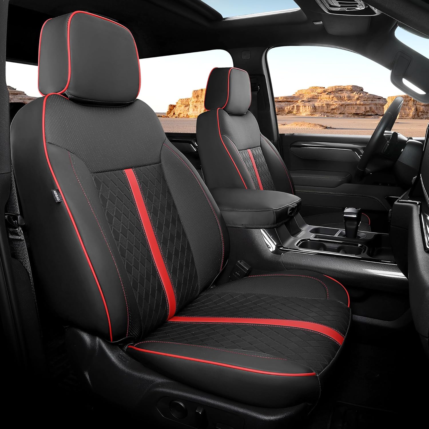 for Chevy Silverado & GMC Sierra Leather Seat Covers, Crew Cab 1500 2019-2025 & 2500HD 2020-2025, Custom Fit Truck Pickup Seat Cover Full Set, Black Red (W/O Rear Cupholder/Seatback Storage)
