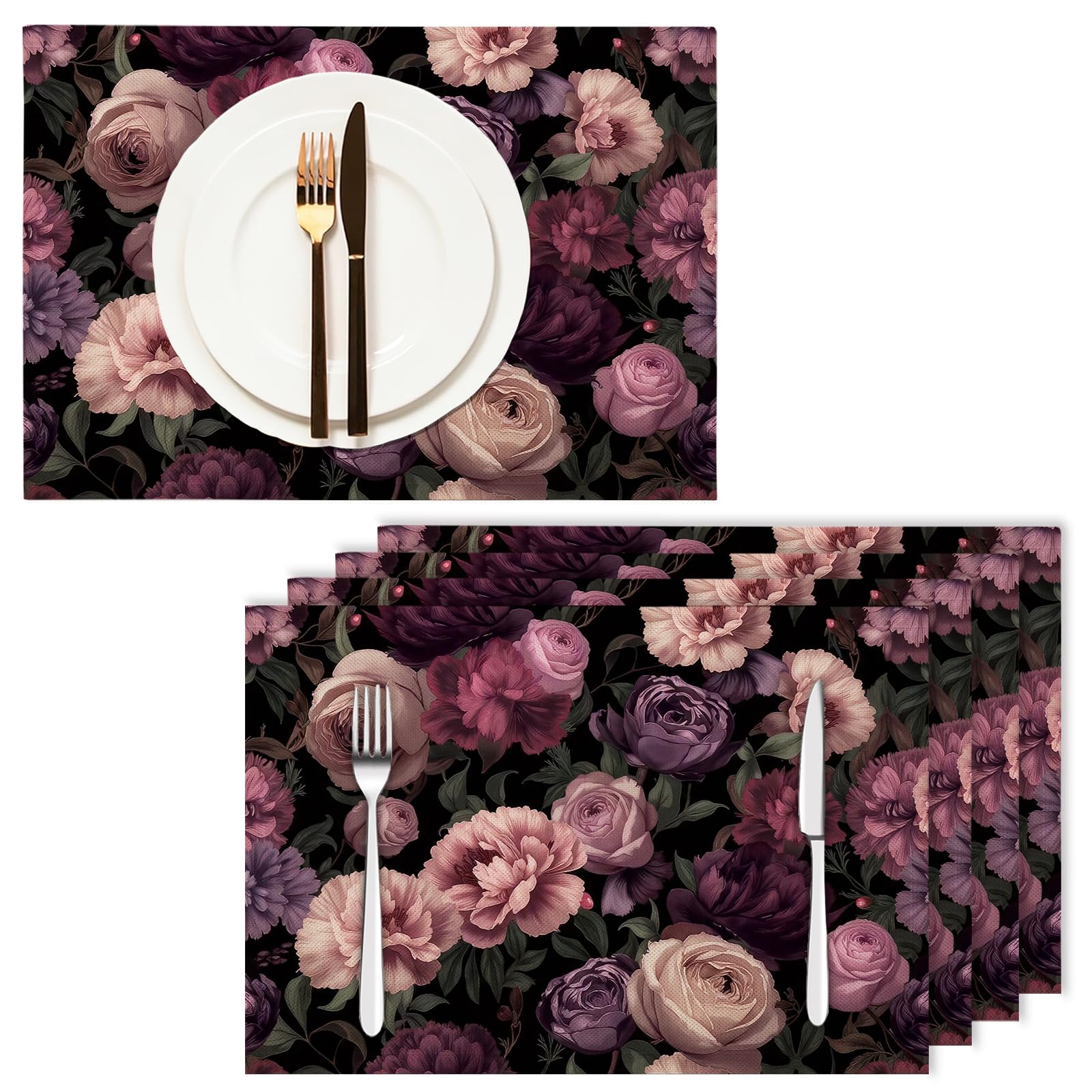 Tovaglietta Americana Fiori Eleganti in Cotone Lino Rettangolare - Tovagliette Set di 8 Peonia Rosa Rosa Resistente al Calore per La Cucina, Il L'Ufficio, 30 x 45cm