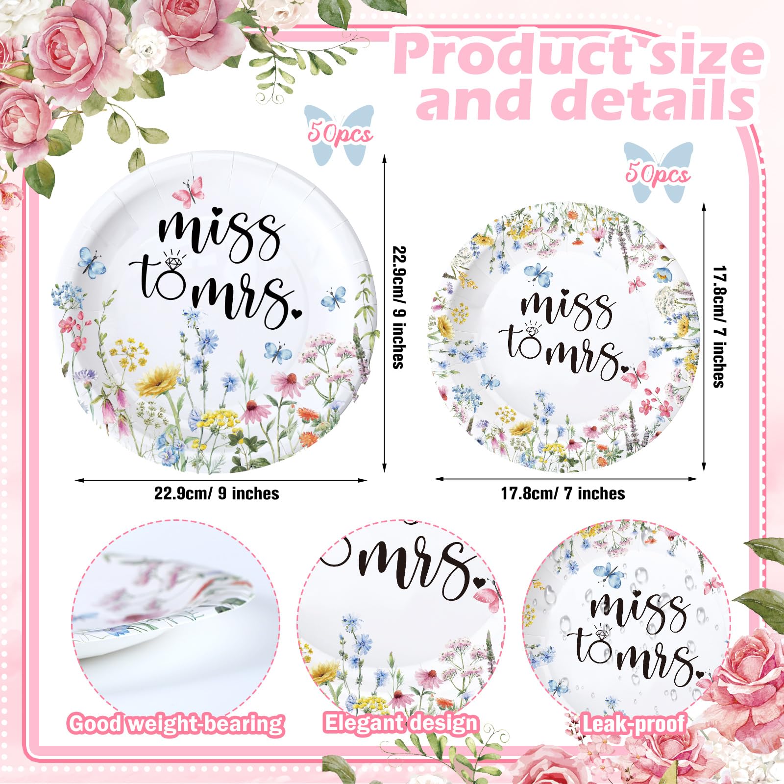 Roshtia 100 Pcs Miss to Mrs Wedding Paper Plates 7 Inch 9 Inch Wildflower Disposable Plates Set for 50 Guests Bridal Shower Decorations for Wedding Engagement Bachelorette
