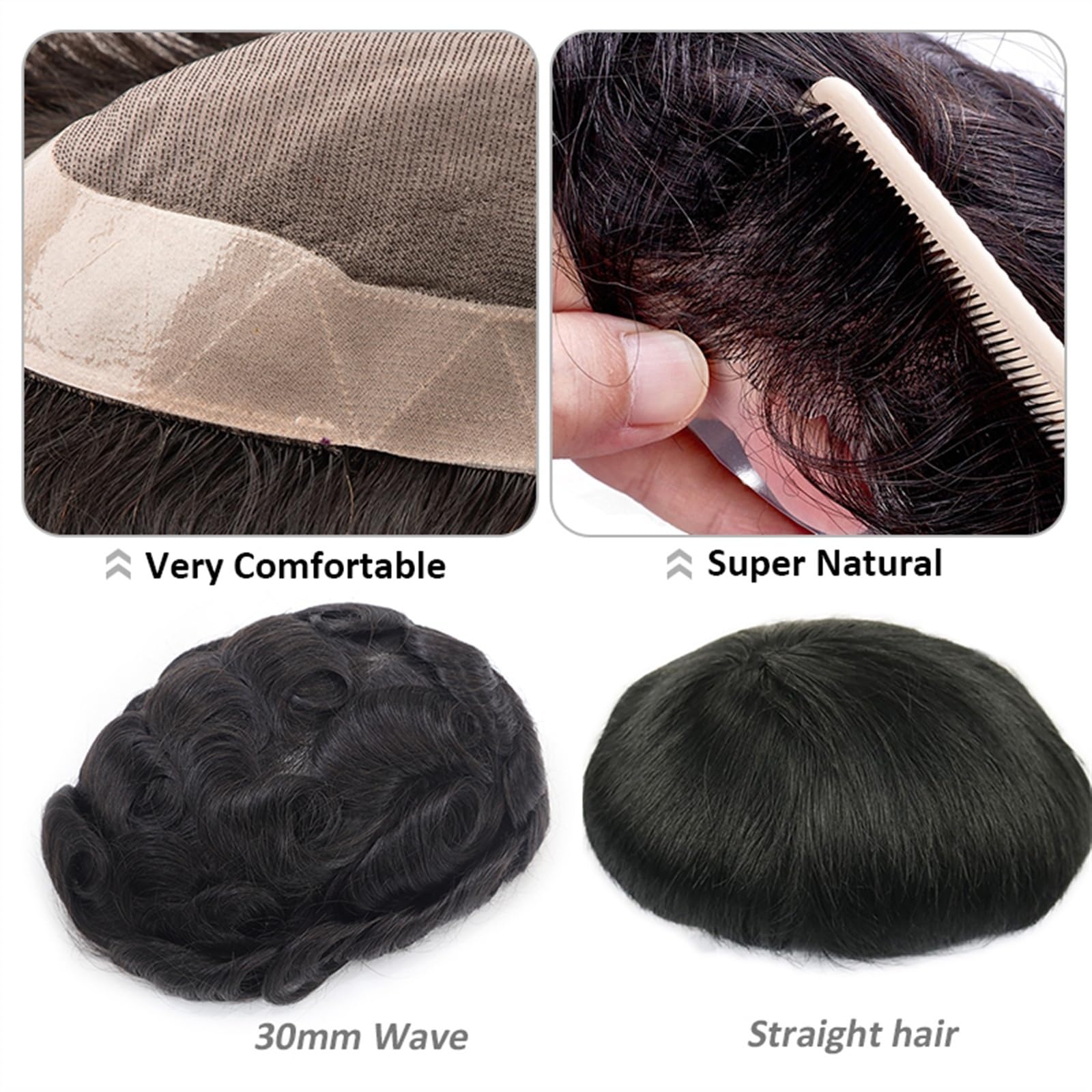 Tupecik męski Peruka męska z ludzkich włosów Fine Mono i podstawa NPU Tupecik męski Indian Remy Proteza Prosta / 30 mm fala System Treska Treski(Straight Hair 110%,7x10)