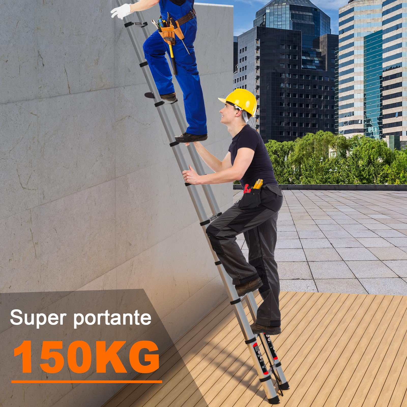 Scala Telescopica 5 Metri con Gancio, Scala Pieghevole Portatile con Piedini Antiscivolo, Estensibile & Altezza Regolabili, Scale Allungabile per Casa, Giardino, Coperture e Camper