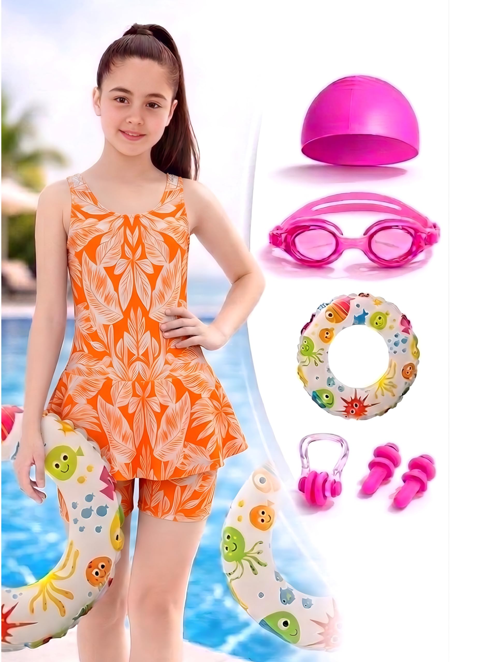 ASTER APPARELS Girls Swimming Dress Combo Set with Cap, Goggles, Tube, Nose Clip and Ear Plugs | Girls Swimming Costume with Accessories | Age 2-13 Years (in, Age, 7 Years, 8 Years, Regular, Orange) 2