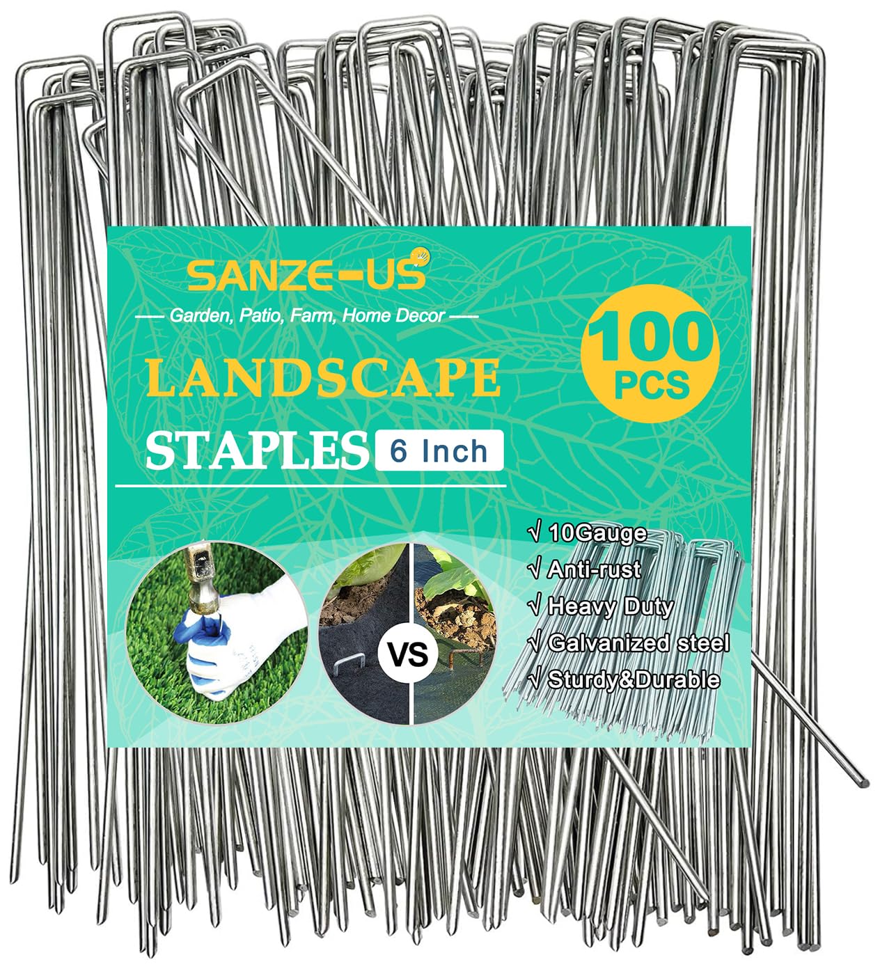 6 Inch Galvanized Landscape Staples, 100 Pack 10 Gauge Garden Stakes, Ground Staples for Securing Weed Fabric Barrier, Garden Hose Stake, Artificial Turf Stakes