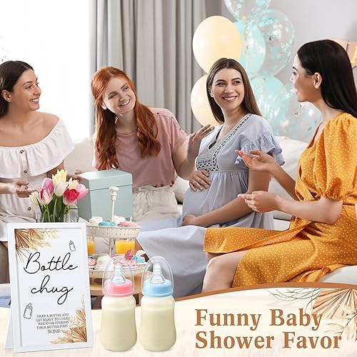 Miniatura 7 de Roowest Bottle Chug Baby Shower Game Favores Incluyendo Botella Temática Boho Chug Game Cartel de madera y 18 biberones rosa y azul para baby
