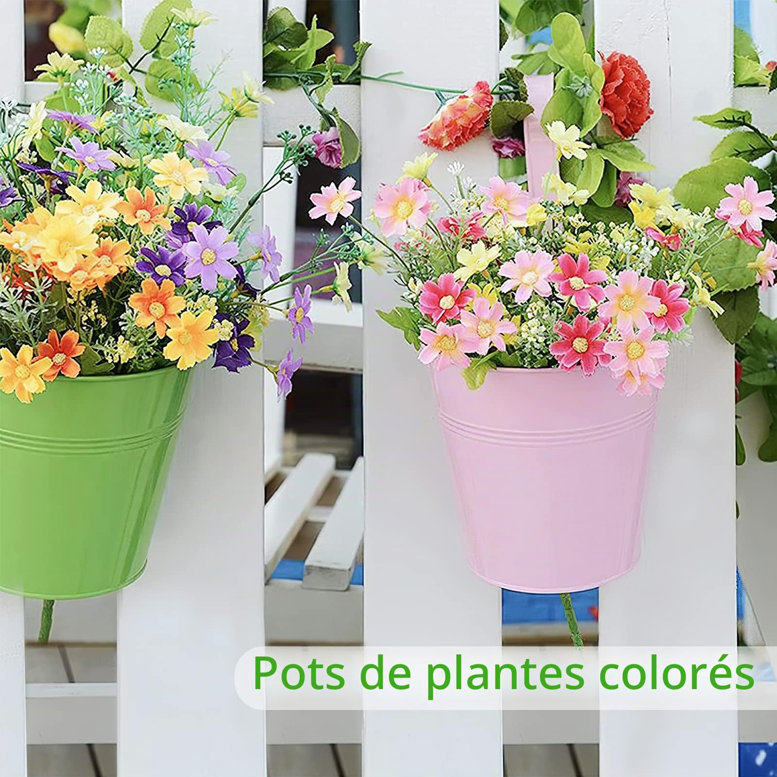 Grand Ensemble de 10 Pots de Fleurs en Métal Vase Suspendu Panier à Planter sans Trou de Drainage, Crochet Détachable, Clôture de Jardin Balcon Décoration