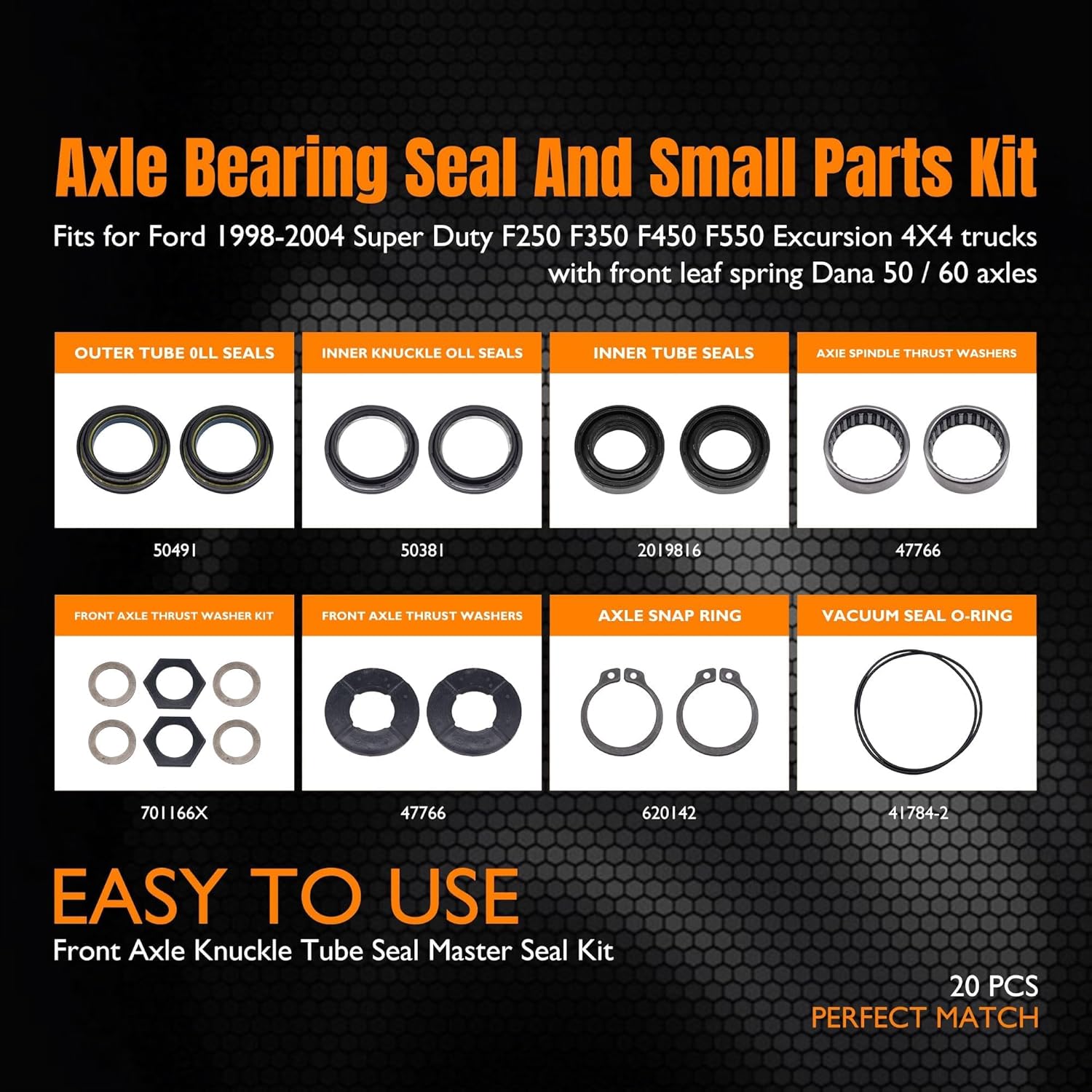 HiSport 50381 Outer Axle Knuckle Tube Dust Seal & Inner Tube Seal & Snap Ring & Needle Bearing & Thrust Washer Seals Kit Compatible with Ford 1998 1999 2000 2001 2002 2003 2004 Replace 50491 2019816