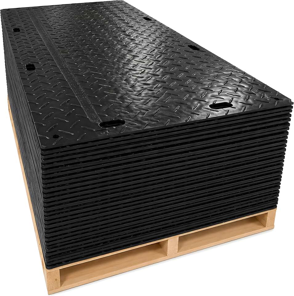Ground Protection Mat 2’ x 8’ – ½” Thick - Recyclable HDPE Diamond Tread Pattern - Non-Slip Reusable Waterproof - Driveway & Construction Mats for Equipment & Landscaping – 50 Pcs Pack