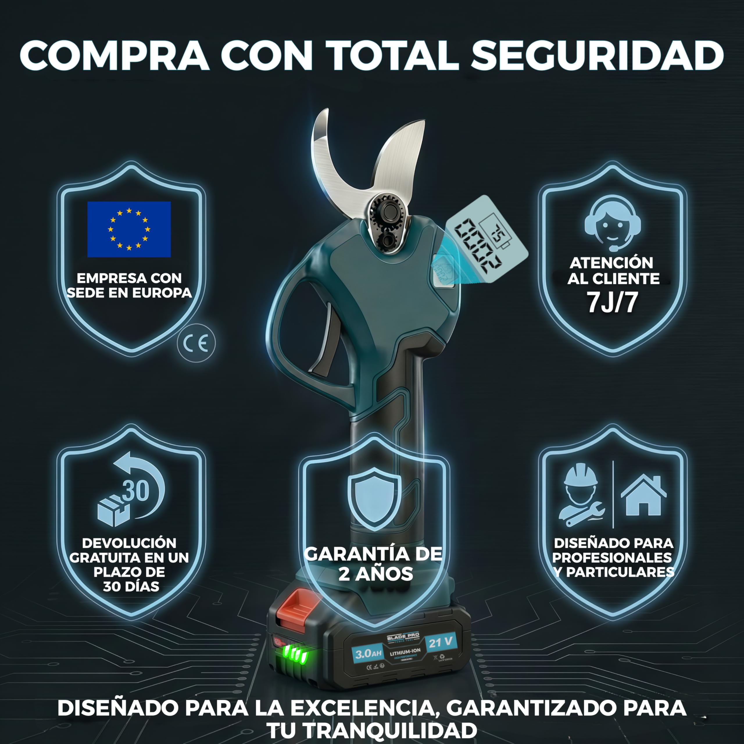 Tijeras de Podar a Batería 6000mAh Brushless hasta 40mm — Tijeras Eléctricas Profesionales — 2 Baterías 21V — Cuchilla SK5 — Kit Completo 10 Piezas BLADEPRO