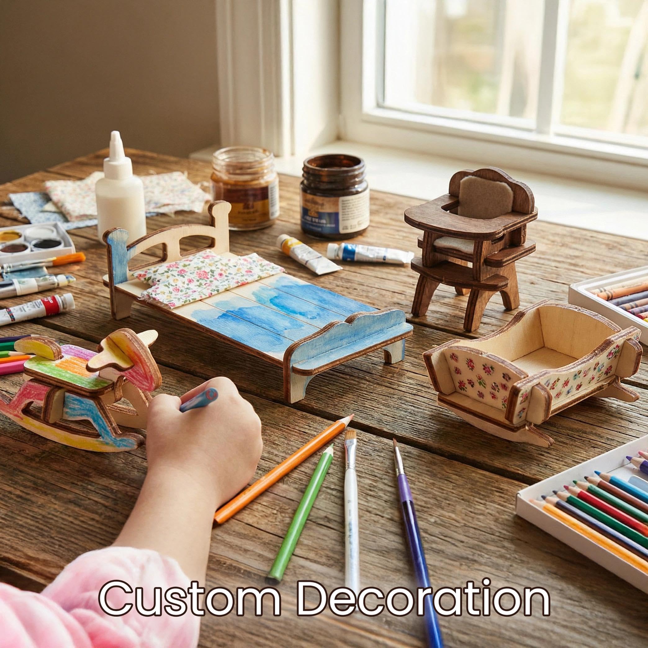 BOHS Kit Créatif 34 Meubles Miniatures en Bois - Puzzle 3D DIY pour Maison de Poupée, Instructions 2D/3D, Découpe Laser, Échelle 1:24 - pour Enfants 6 Ans et Plus