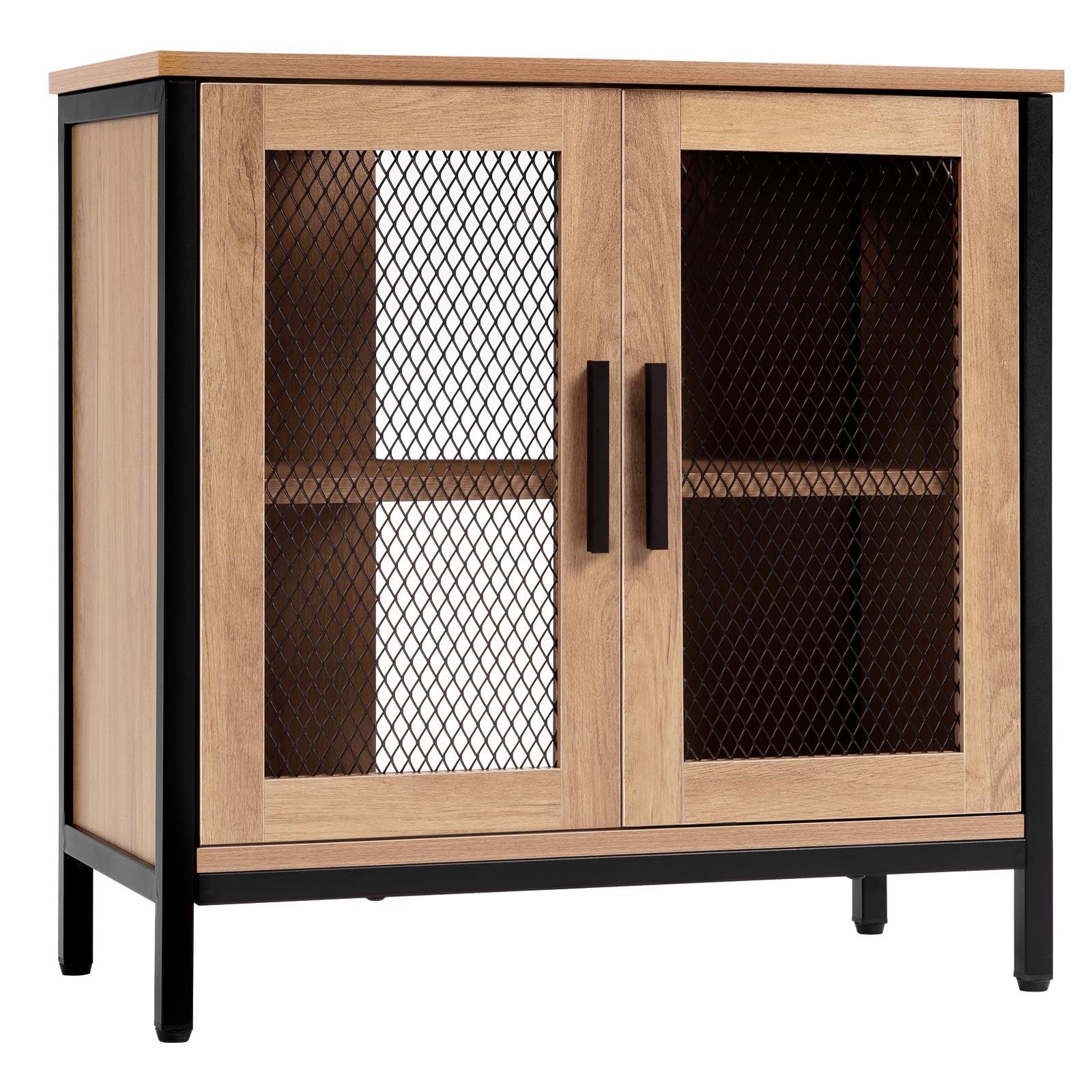 eSituro Mobile da Bagno Sottolavabo Industriale, Armadietto da Bagno con 2 Scomparti, Ante a Rete e Maniglie in Metallo, Gambe Rialzate, Rovere Chiaro e Nero, in Legno e Metallo, 60x30x60cm