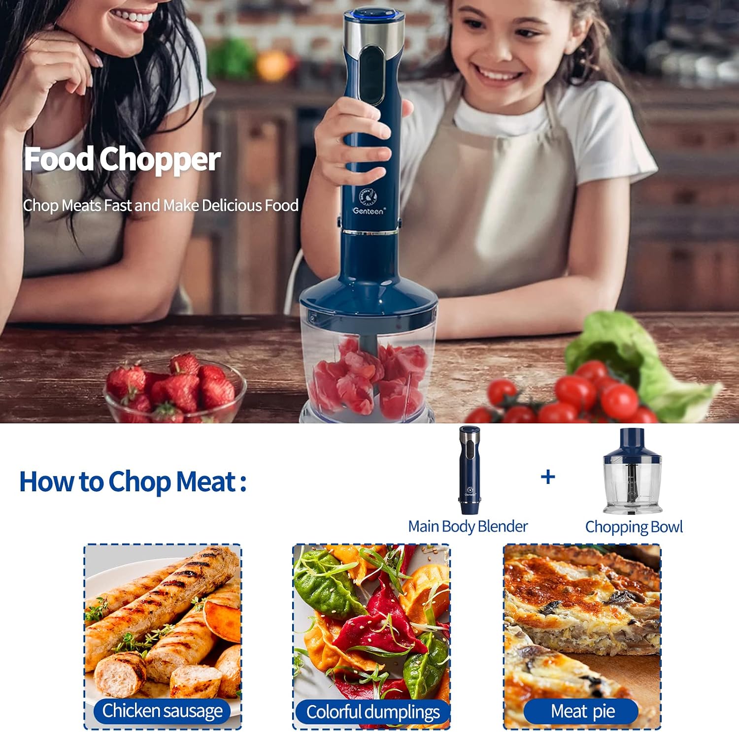 Immersion Blender,Genteen 5-in-1Immersion Blender Handheld,12 Speed &Turbo Mode &1000W Stick Blender with Titanium Steel Blade | Handheld Blender with Whisk,Frother,Chopper for Smoothies, Baby Food & More,BPA Free