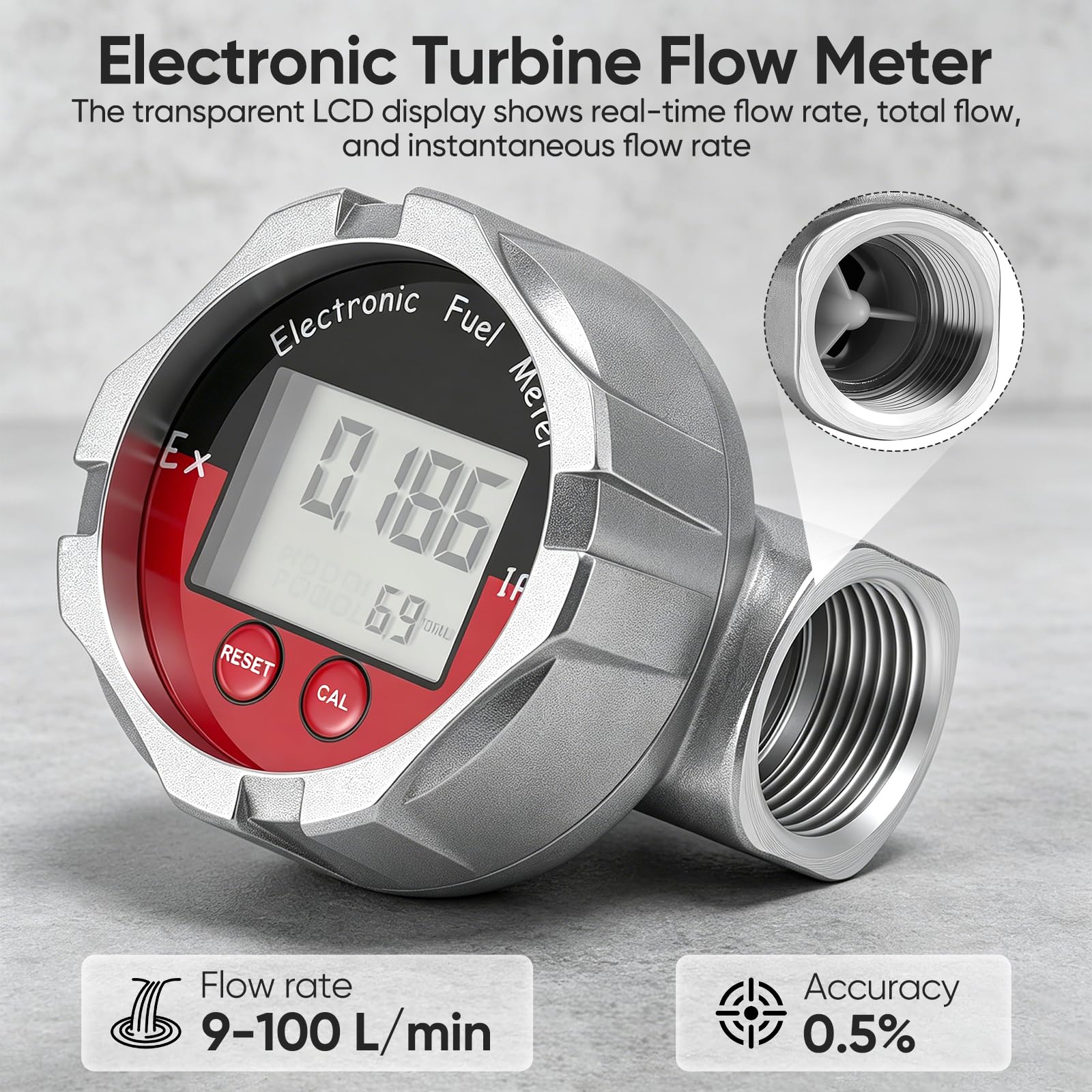 Misuratore Portata Digitale LCD 1 Pollice Acciaio Inossidabile Contatore a Turbina Impermeabile IPX7 10-100 L/min