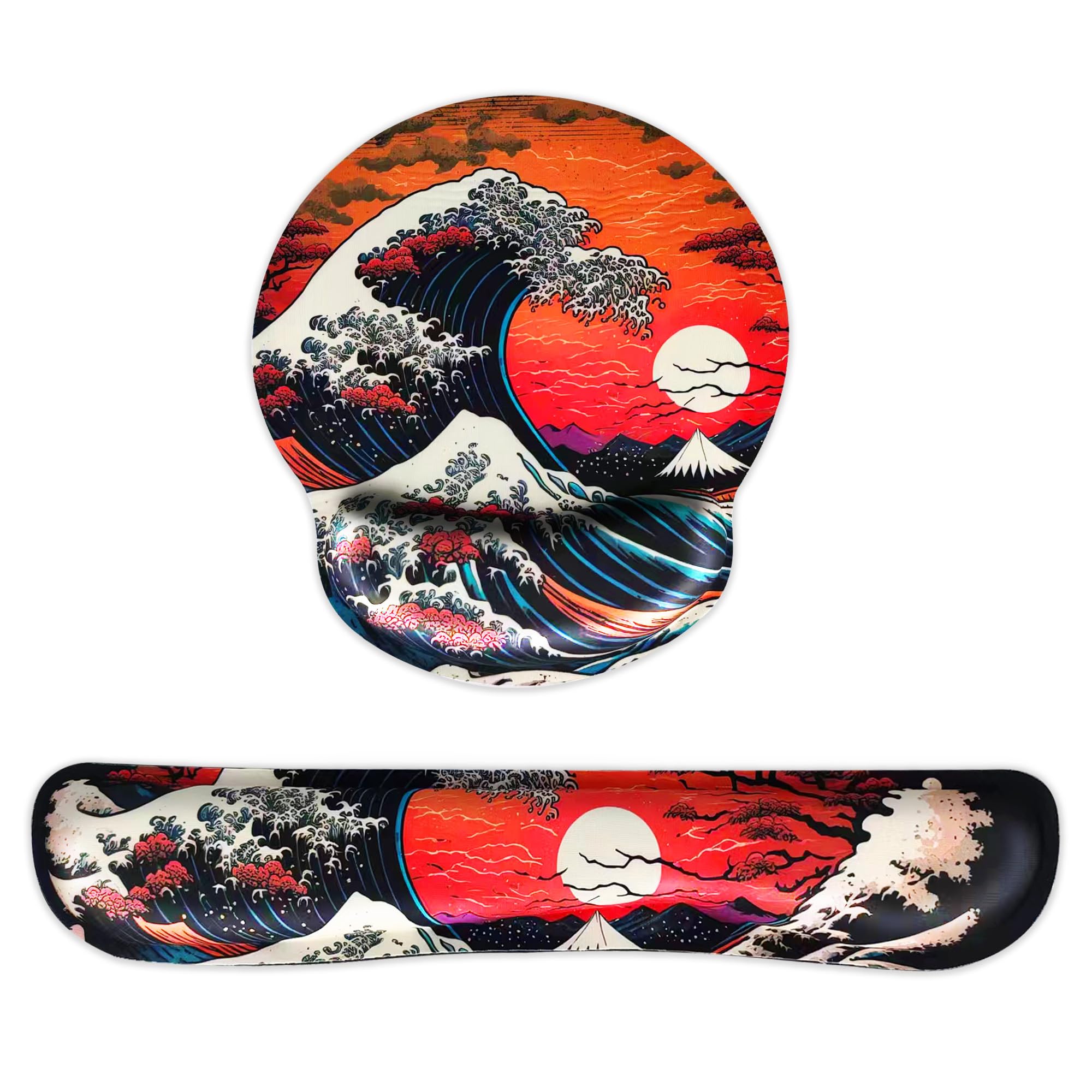 Hopipad Ergonomic Japanese Sea Waves Small Mouse Pad with Wrist Rest and Keyboard Wrist Rest Set,Easy Typing & Pain Relief,Gaming Mousepad with Wrist Support for Computer Keyboard,Non-Slip Rubber Base