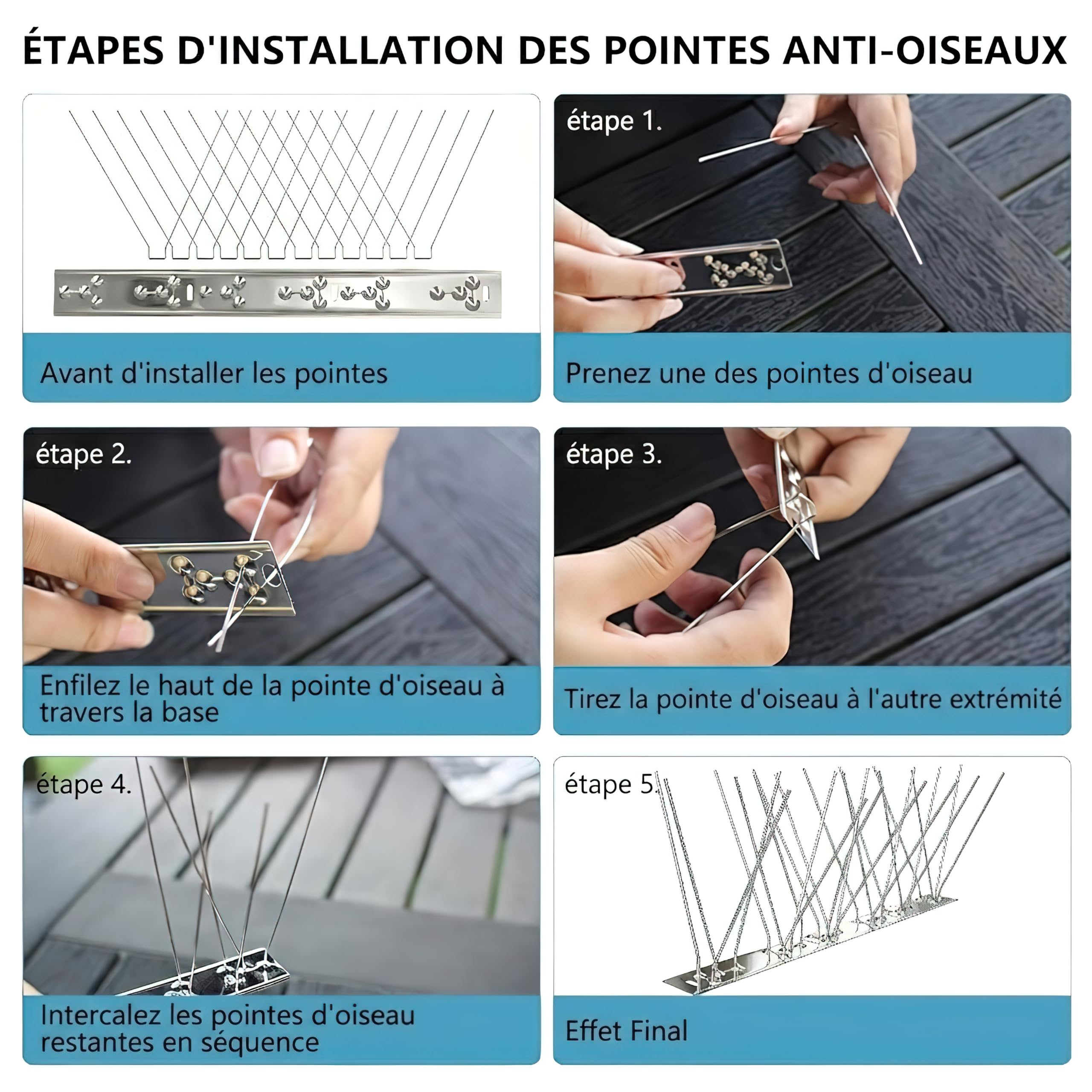Anti Pigeon INOX 304 Kit Répulsif Oiseaux 1m 4 Pcs 25cm 8 Vis 8 Colliers