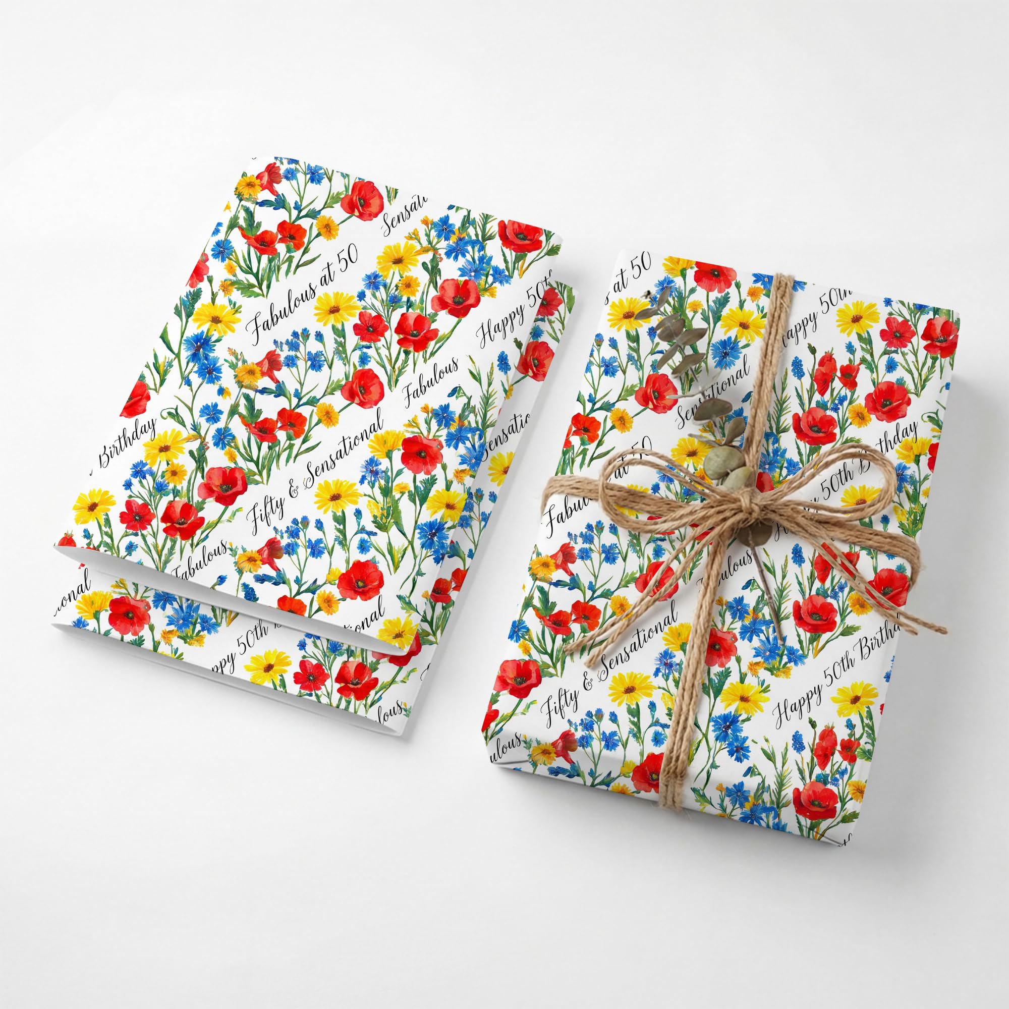 Watercolor Wildflower 50th Birthday Wrapping Paper Folded Sheets, 120GSM Thick Kraft Wrapping Paper for Women, Red Poppy Spring Print Present Packaging for Wife Mom, 2 Pack