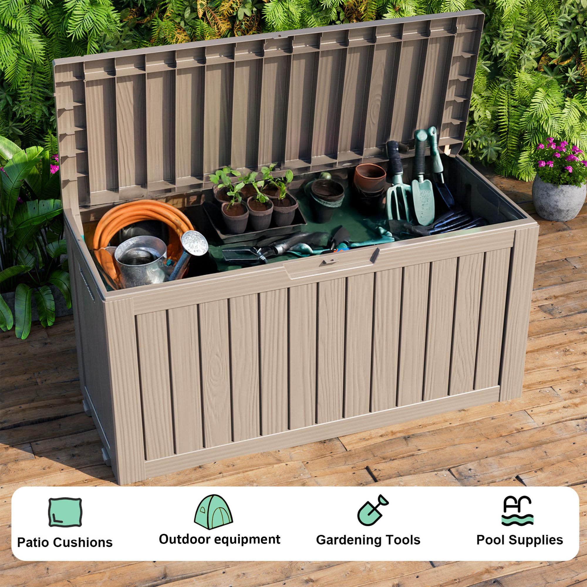 PatioZen Caja de resina de 75 galones, caja de almacenamiento para exteriores con cerradura para cojines de patio, muebles de almacenamiento, herramientas de jardín, suministros de piscina, resistente