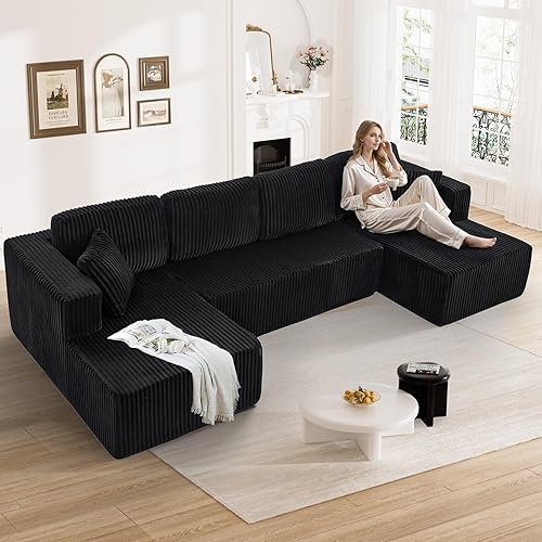 Cloud Couch Sectional Modular Sofa, 132" Black Boneless Couches Sofa for Living Room, Modern Plush U Shaped Sofas Corduroy Couch Sectional with Chaise Lounge, Black