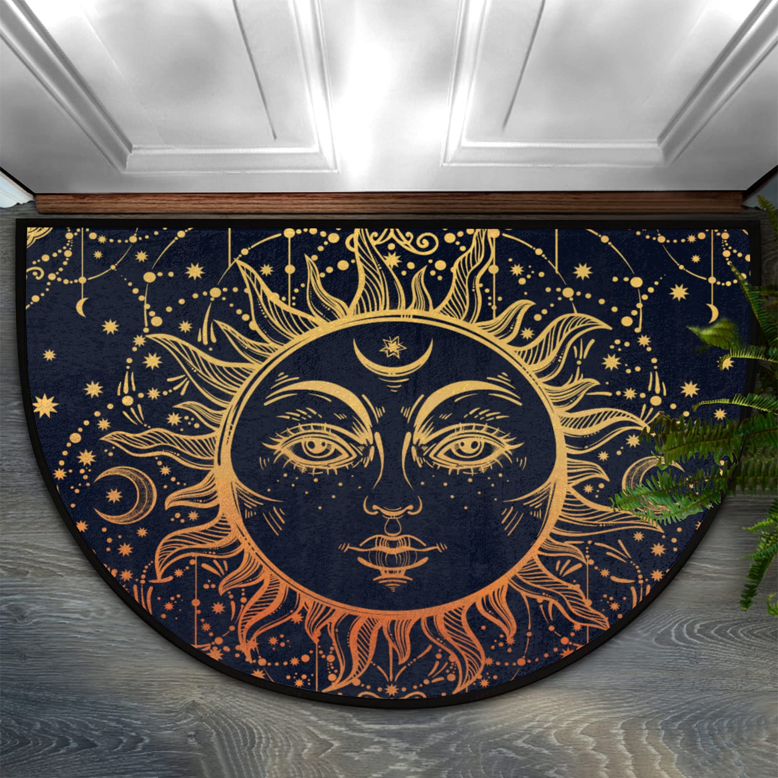 Boho Half Round Door Mat, Bohemian Sun and Moon Semicircle Door Mats, Non Slip Area Rug Soft Doormat for Front Door Indoor Entrance Wear Resistant Welcome Mat for Garage Patio Home Decor 24 x 36 In