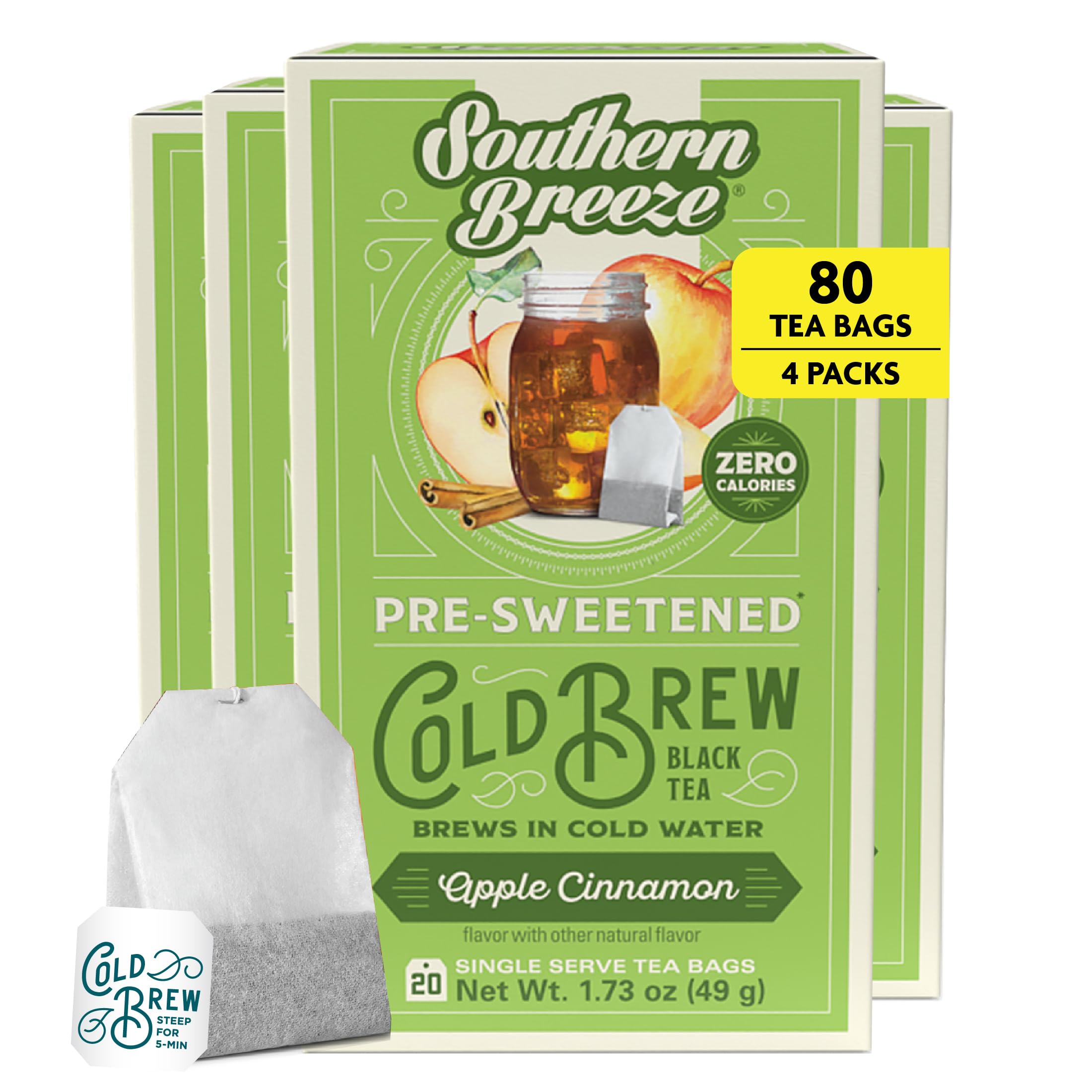 Southern Breeze Cold Brew Sweet Tea Apple Cinnamon Iced Tea with Black Tea and Zero Carbs Zero Sugar, 20 Individually Wrapped Tea Bags Pack of 4 |