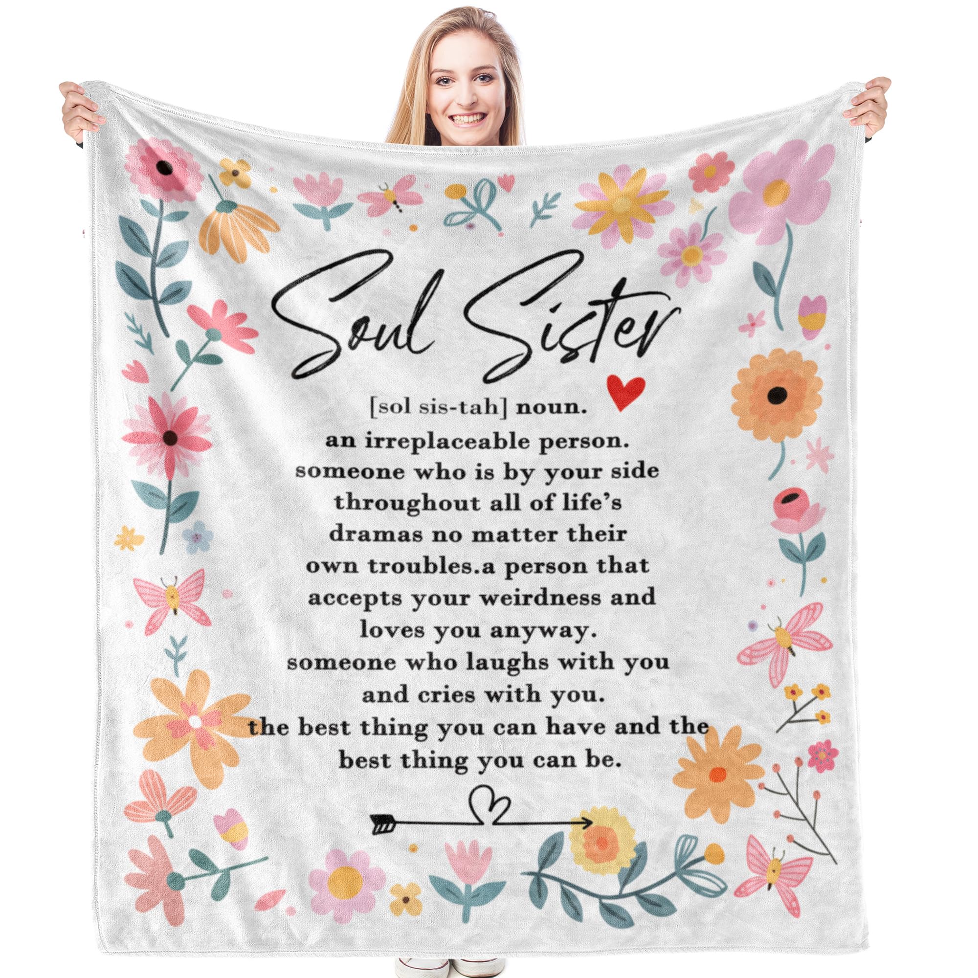 HIWX Soul Sister Blanket, Soul Sister Gifts for Women, BFF Gifts, 50x60 Inches, Pink, White, Floral, Polyester, Throw Blanket