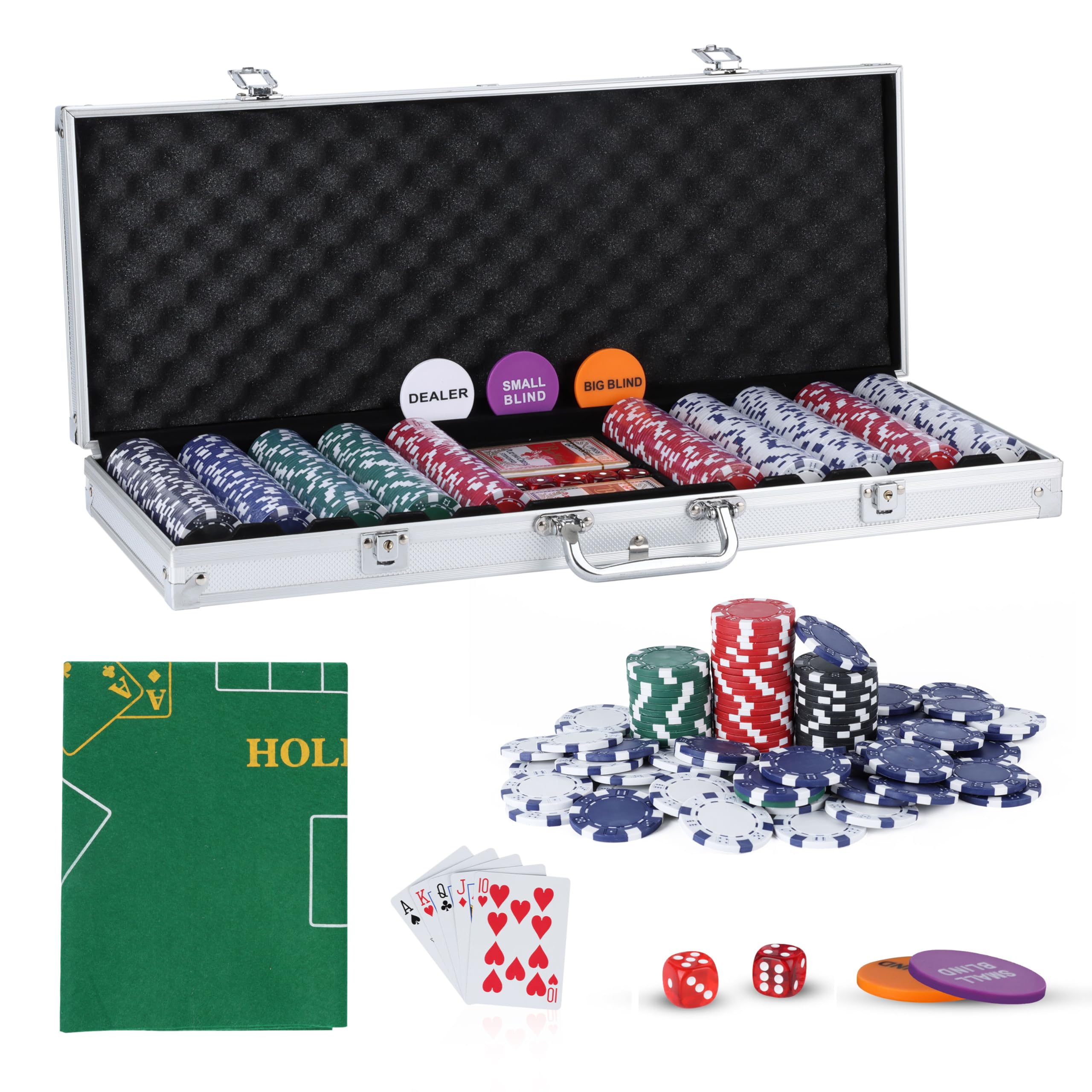 EPROSMIN Texas Holdem - Juego de póquer de 300 piezas en caja de aluminio con fichas pesadas de 11,5 g, 1 alfombrilla reversible de doble cara, 2 cartas de juego, 5 dados, distribuidor, botón ciego