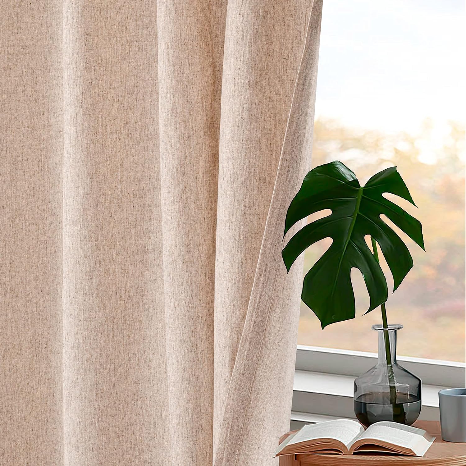HOMIDATE Natural Linen Flax Curtains Set of 2 with 50" x 63" - Lightweight Linen Drapes & Window Panels, Natural Cotton Linen Curtains for Living Room