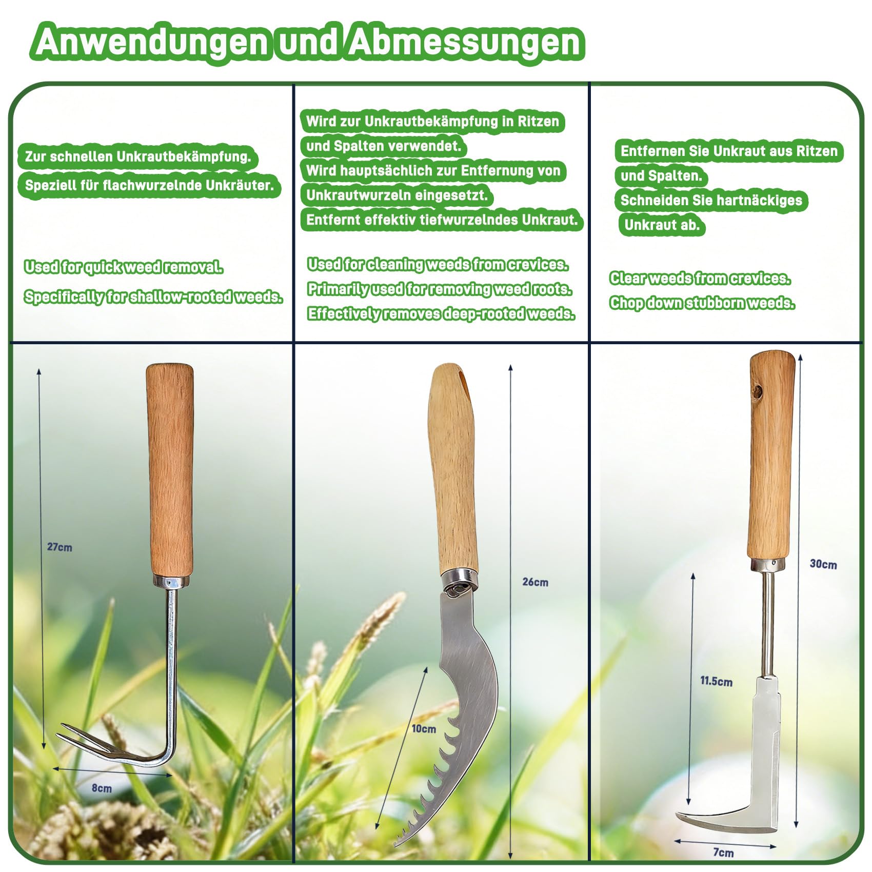 Set di Tre Pezzi per Rimuovere Le Erbe: Crack Weeder per guarnizioni, Coltello da Erba con Gancio a Mezzaluna e diserbatore Manuale a Forma di V - Set di Attrezzi