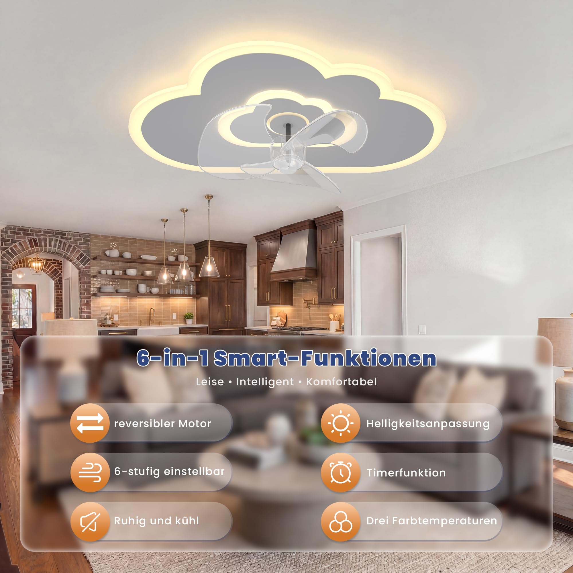 Deckenventilator Mit Beleuchtung LED Wolke Deckenleuchte mit Ventilator 6 Geschwindigkeiten,Fernbedienung Leise Dimmbar Ventilator Deckenlampe für Schlafzimmer Kinderzimmer 50W 50CM