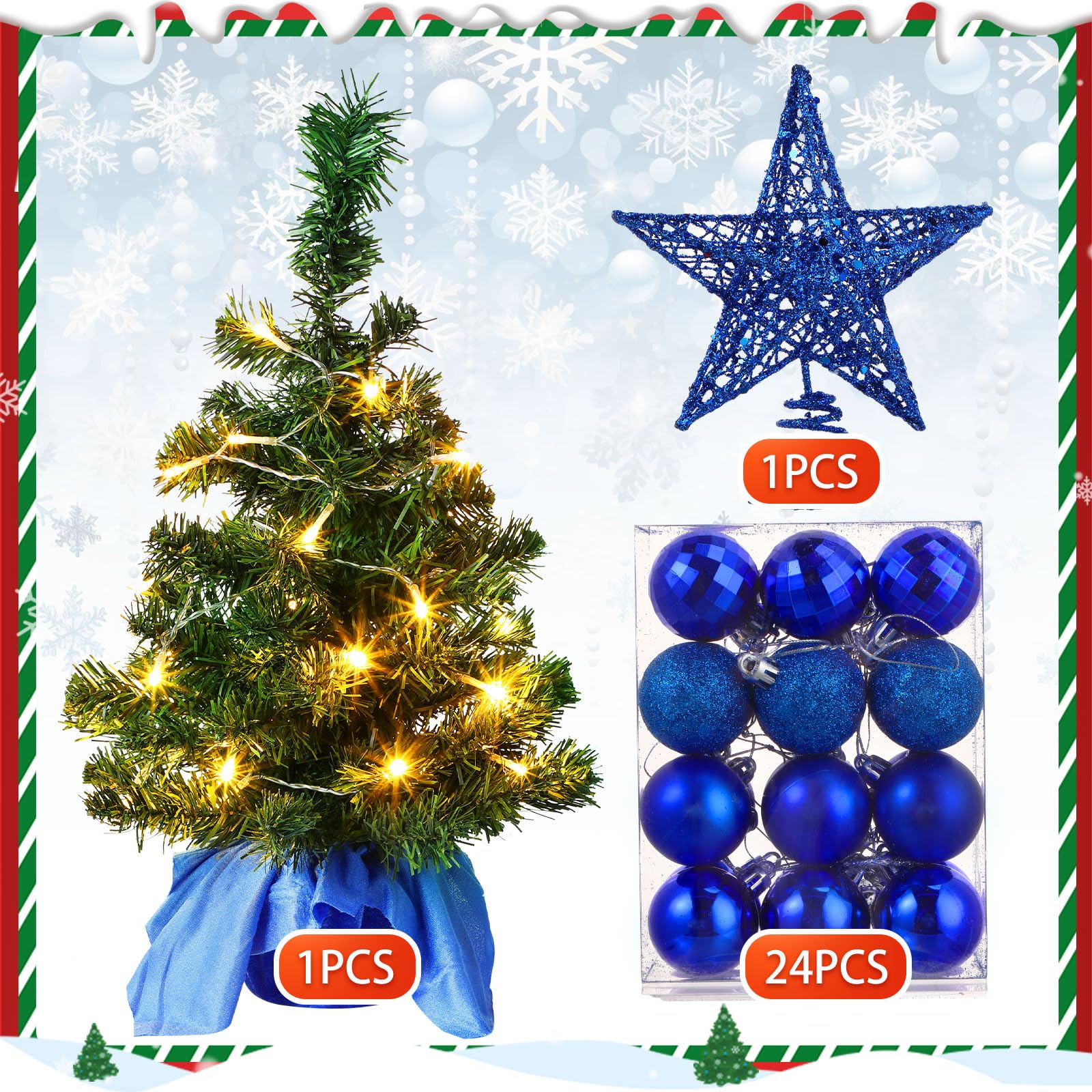 Lot de 24 mini sapins de Noël artificiels de table de 61 cm avec lumières - Décorations de Noël pour sapin de Noël, décorations de bureau (bleu roi)
