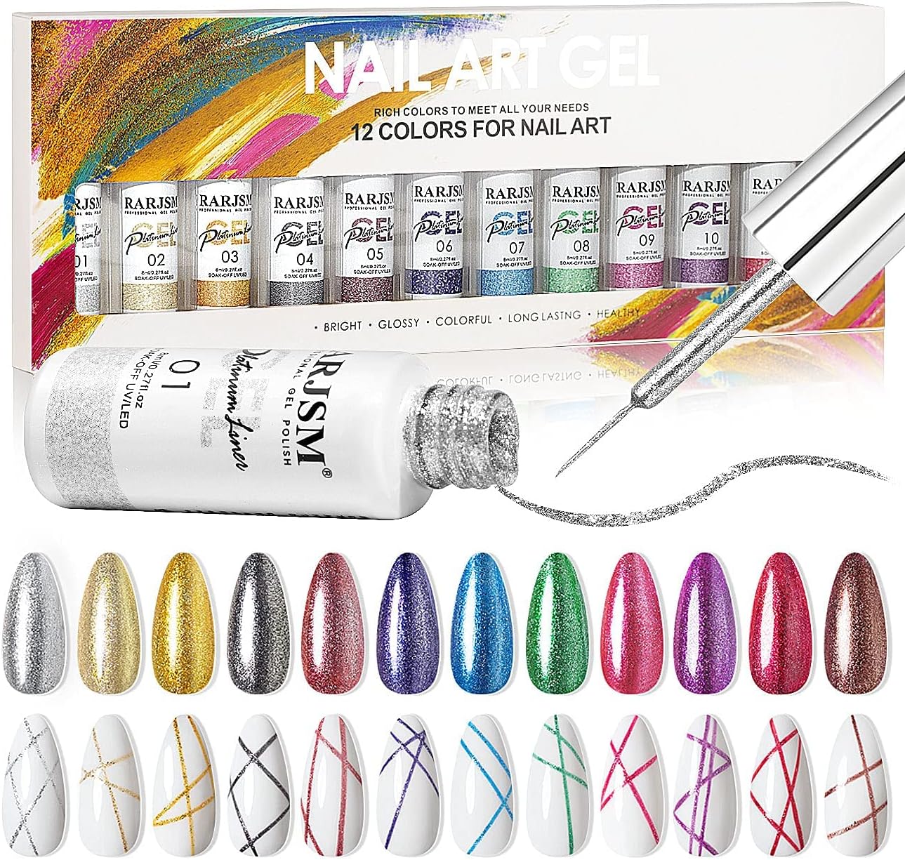 RARJSM Nail Art Gel,Platinum Liner Painted Gel Nail Polish Set,3D Line Gelpolish Set Painting Drawing UV LED 12 Colors Glitter Silver Gold Green Blue Purple for Design Curing Require 8ml