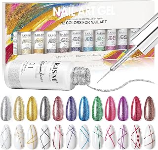 Painted Gel Nail Polish Set, Nail Art Metallic Liner Painting Polish Set U V L E D 12 Colors Platinum Liner Gel Champagne Glitter Silver Rosa Gold Green Blue Purple Paint for Nail Art Design