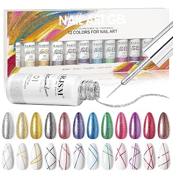 RARJSM Painted Gel Nail Polish Set, Nail Art Metallic Liner Painting Polish Set U V L E D 12 Colors Platinum Liner Gel Champagne Glitter Silver Rosa Gold Green Blue Purple Paint for Nail Art Design