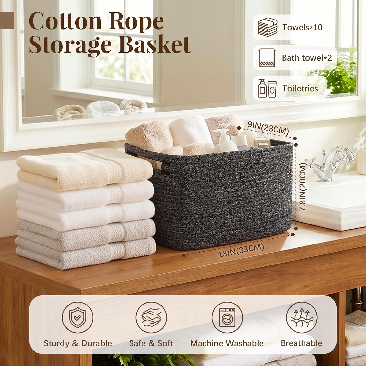 OIASKET 4Packs Natural Cotton Rope Storage Baskets for Organizing Toys, Clothes, Towels & Books, Soft Versatile Organizers for Shelves, Home Decorative Bins, 13''Lx9''Wx7.8''H, Black and White image 2