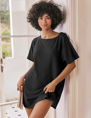 Miniatura 2 de Ekouaer Camisón de manga corta para mujer, de punto gofre, cómodo, informal, para cubrir