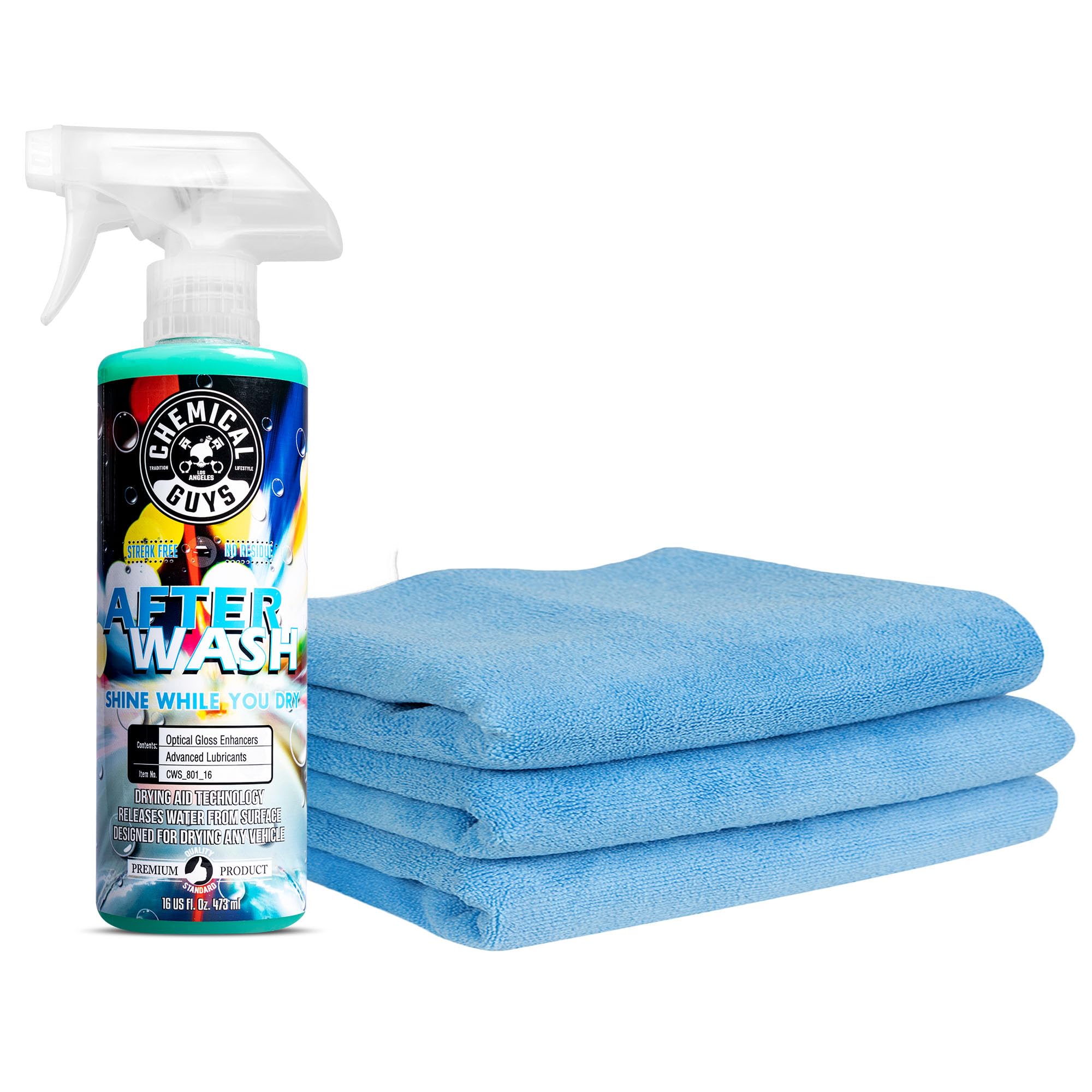 Chemical Guys HOL424 After Wash Sprayable Gloss Boosting Car Wash Drying Aid (Helps Reduce Water Spots, 16 fl oz) Super Dry Kit with Premium Microfiber Drying Towels, 24"x16" (3 Pack)