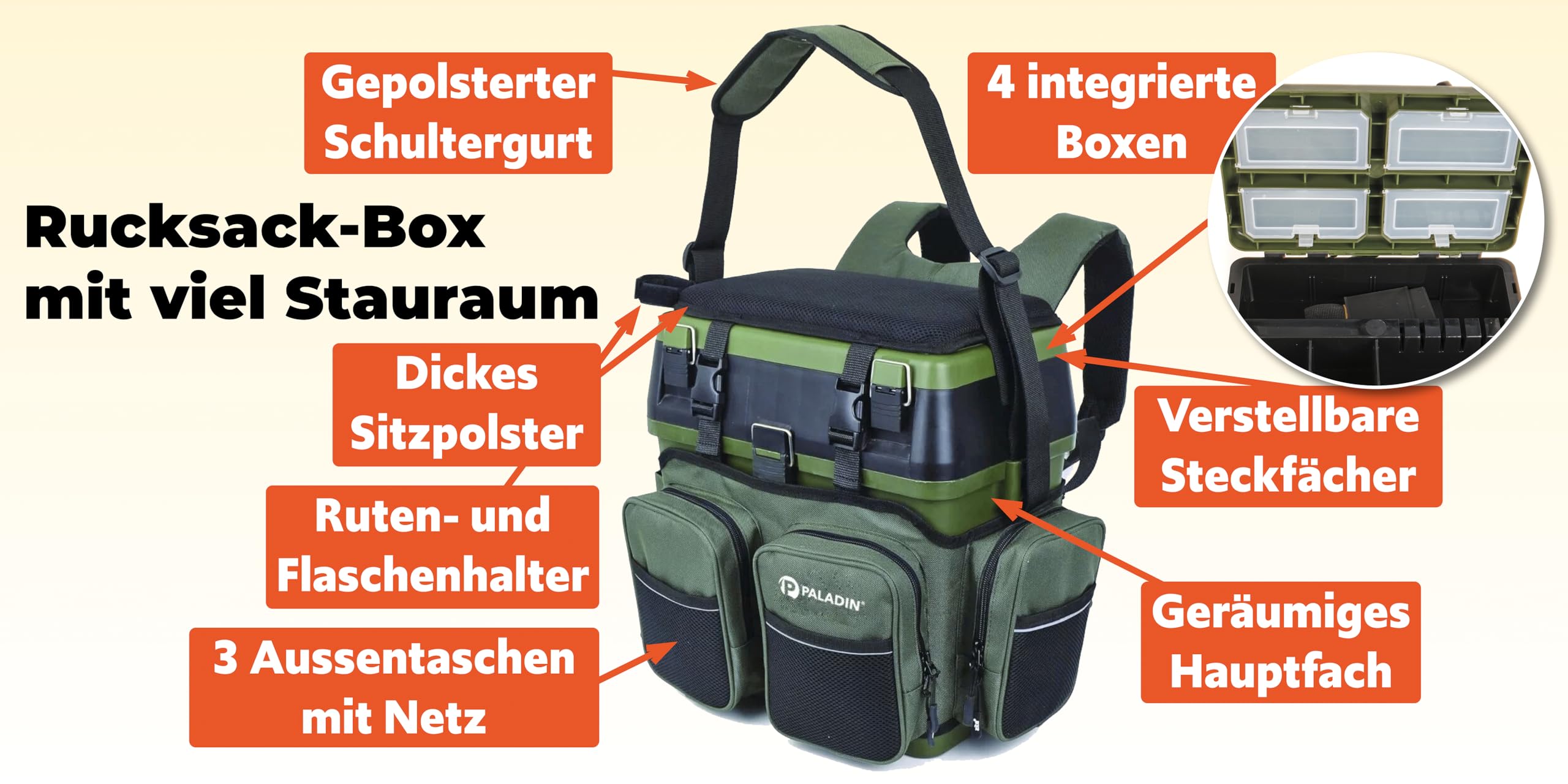 Paladin Rucksackbox Power mit Sitzfunktion Angelkoffer Rucksack-Angeltasche Anglerstuhl