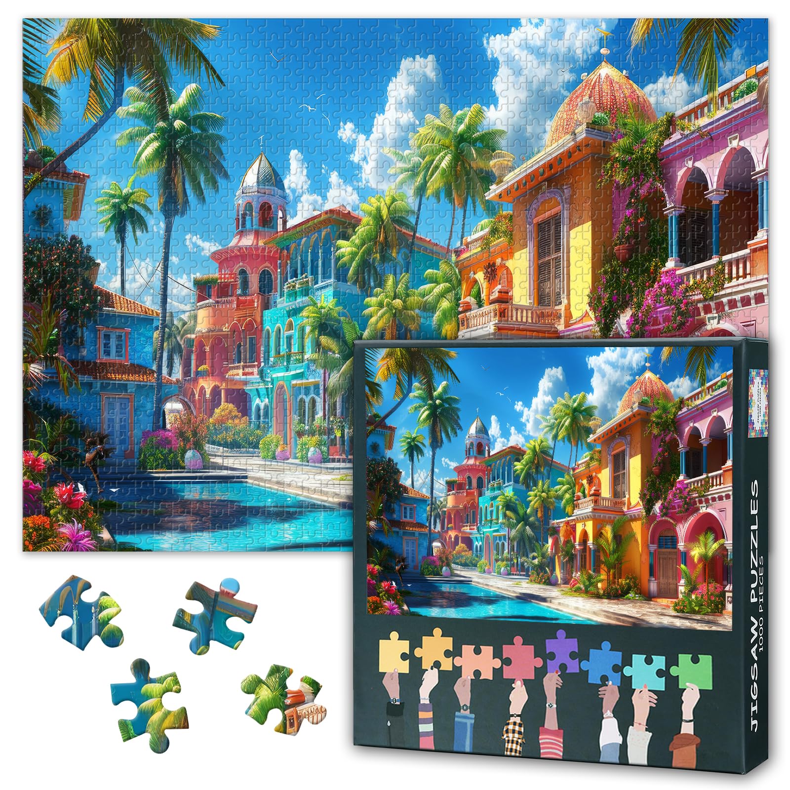 1000-Piece Jigsaw Puzzle Set: Vibrant Tropical Paradise with Colorful Buildings, Palm Trees, and Scenic Landscapes - Image 2