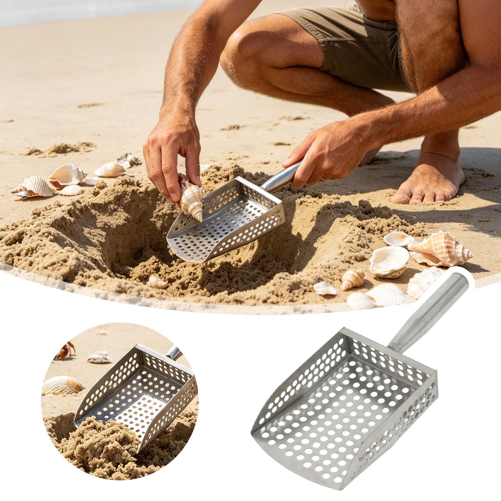 Râteau à sable, pelle à sable pour détection de métaux, tamis de plage en acier inoxydable robuste avec poignée, râteau et tamis pour la chasse au trésor et le peignage de plage (2)