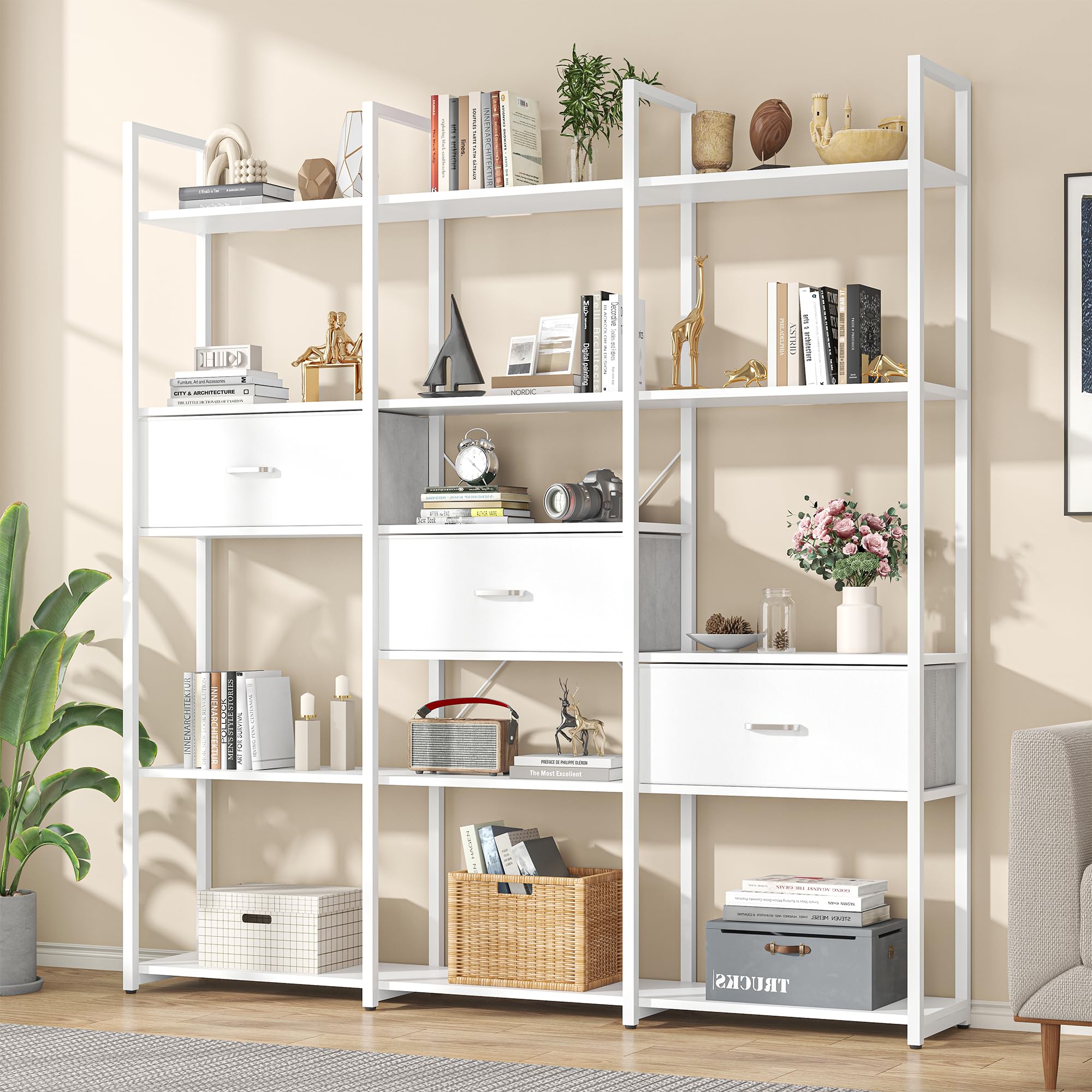 Nosepen 73.6" Tall Bookshelf with 3 Drawers and 16 Storage Shelves, Industrial Bookcase with 16 Open Display Shelves, Large Etagere Bookshelf, Triple