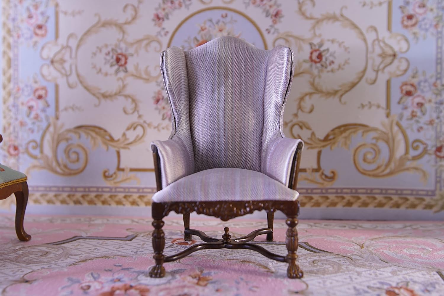 1:12 Scale Miniature Dollhouse Grey Arm Chair Delicated Hand Carved Black Walnut