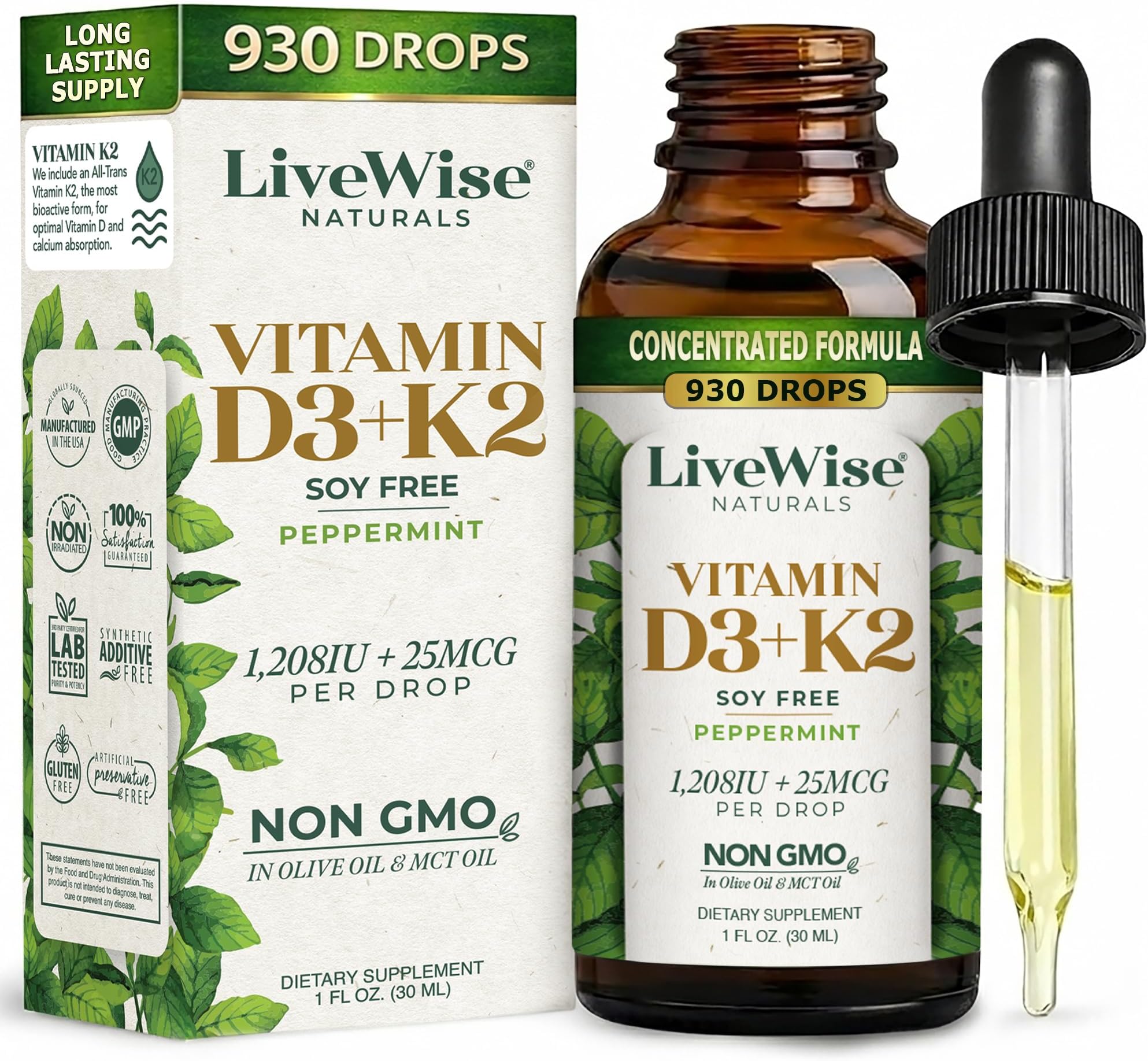 Live Wise Naturals Vitamin D3 with K2 Liquid Drops, All Non GMO, 1208IU D3 and 25mcg K2 (MK7) Per Serving, Strengthen Bones, Boost Immune System and Energy Levels, with or without Peppermint Oil
