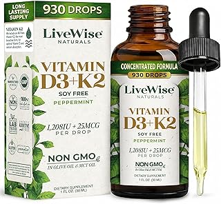Live Wise Naturals Vitamin D3 K2 (MK-7) Peppermint Drops for Adults - 930 Drops, Ultra Concentrated Formulation, 1208 IU Vitamin D3, 25 MCG - Precision Micro-Dosing Dropper for Calcium & Bone Support