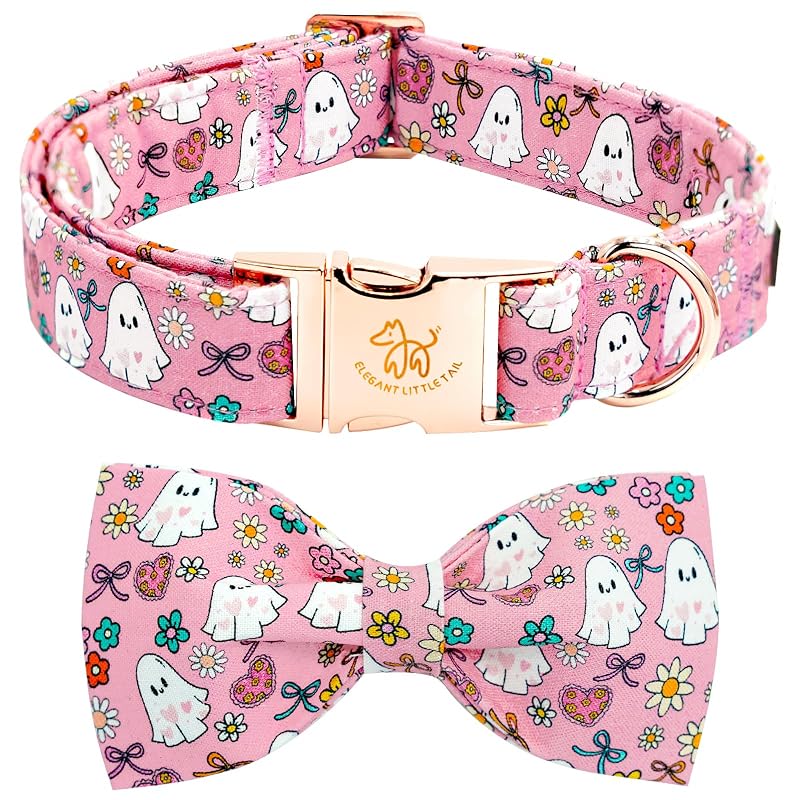 Coleira para cães de algodão com estampa de fantasmas e laço, Elegant little tail Spectre with Flowers, Extra Pequeno (Pacote com 1)