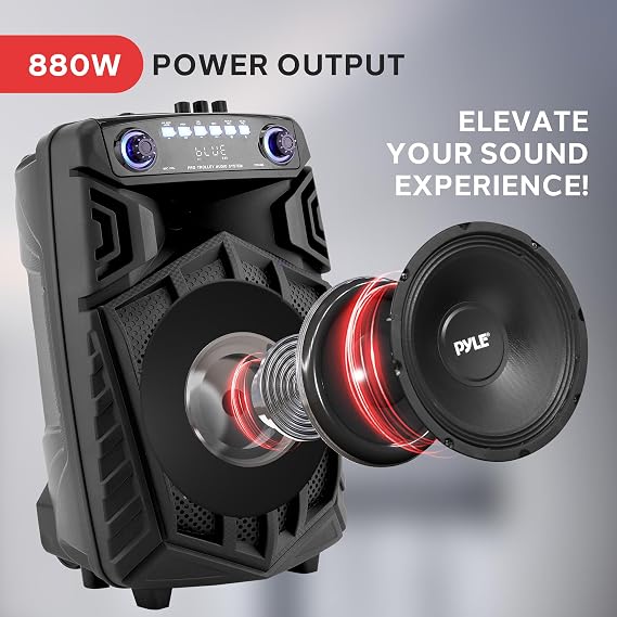 Pyle 880W Portable Bluetooth PA Speaker - 12 Rechargeable Outdoor Karaoke Party Speaker, Audio System w/Wireless Mic and Wheels, TWS, Party Lights, LED Display, 6.5mm Mic Input, FM/AUX/MP3/USB/SD