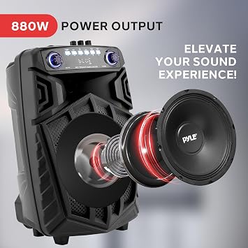Pyle 880W Portable Bluetooth PA Speaker - 12 Rechargeable Outdoor Karaoke Party Speaker, Audio System w/Wireless Mic and Wheels, TWS, Party Lights, LED Display, 6.5mm Mic Input, FM/AUX/MP3/USB/SD