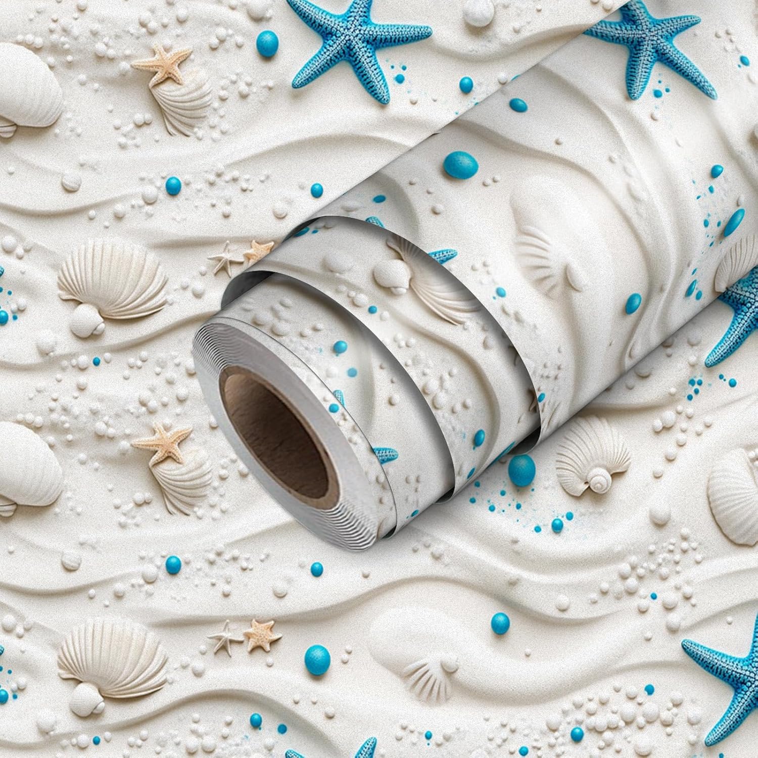 HOMETITUTE Blue Starfish and Shell Beach Wallpaper Peel and Stick Contact Paper Wall Paper Stick 17.7" x 118.1" Self Adhesive Removable Vinyl Wall Covering Bedroom Kitchen Bathroom Home Decor