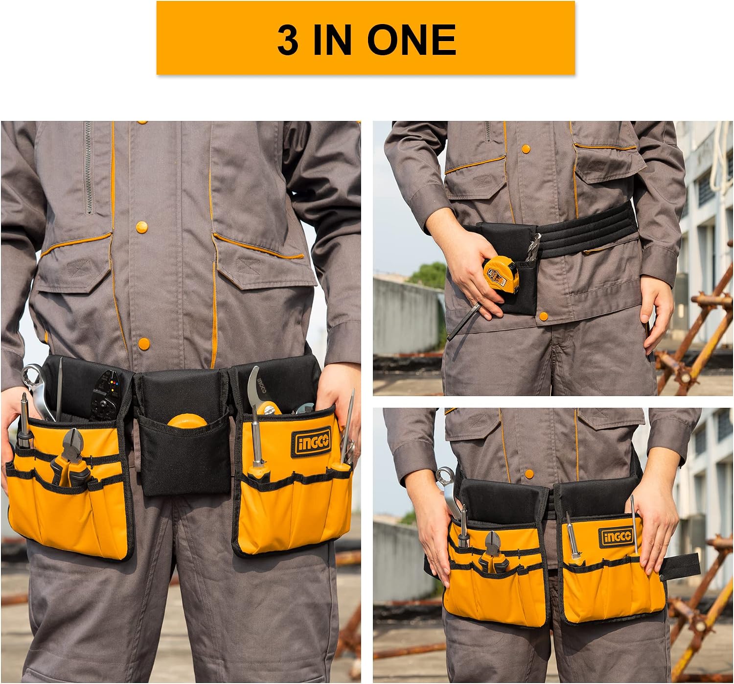 INGCO 14 Pocket 600D Polyester Multi-Purpose Heavy Duty Construction Tool Belt with Adjustable Belt, Fits Up to 50" Waist Size, for Electricians Carpenters Plumbers Maintenance Workers HTBP02031