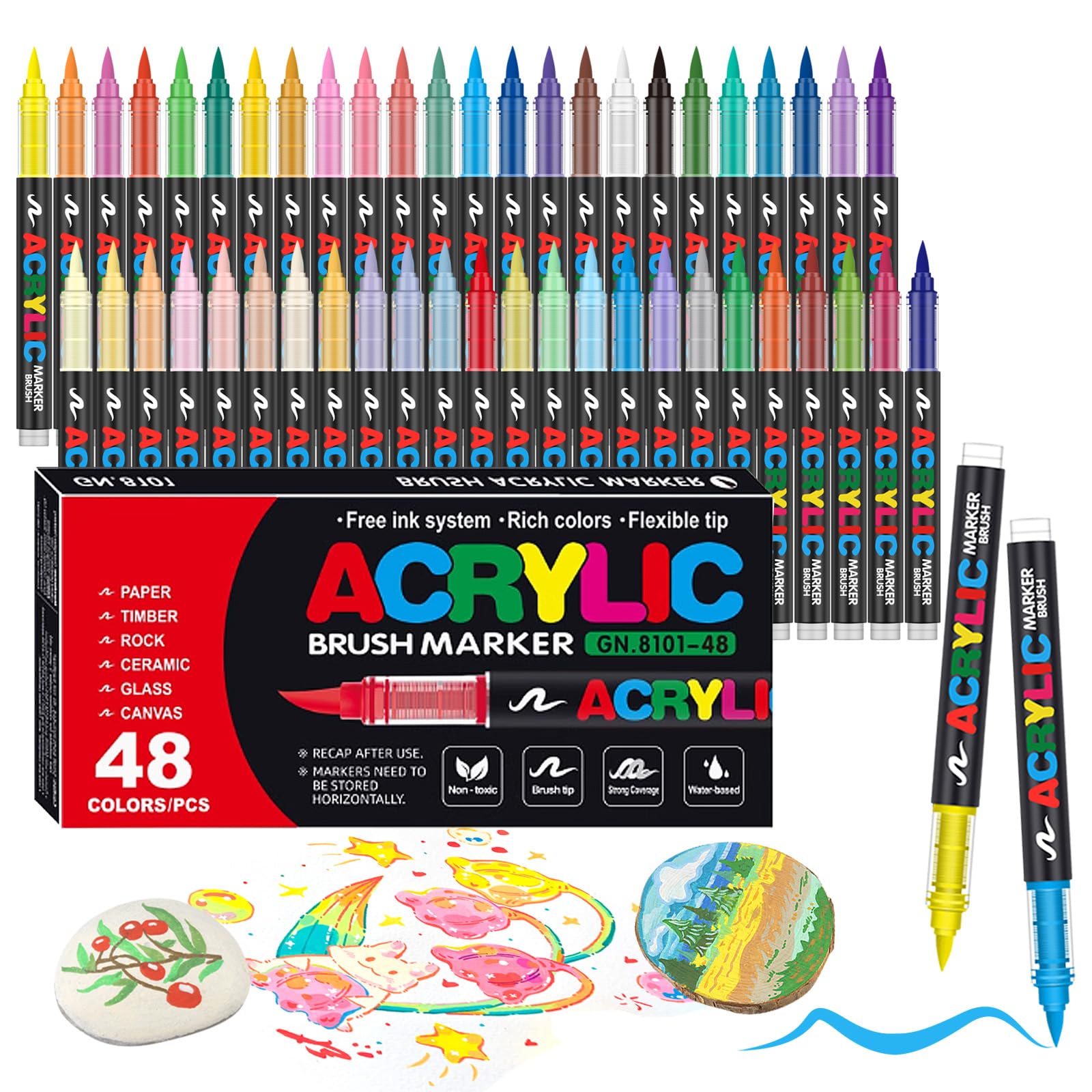 AcrylicAura 48 Colors Soft Brush Tip Acrylic Markers
