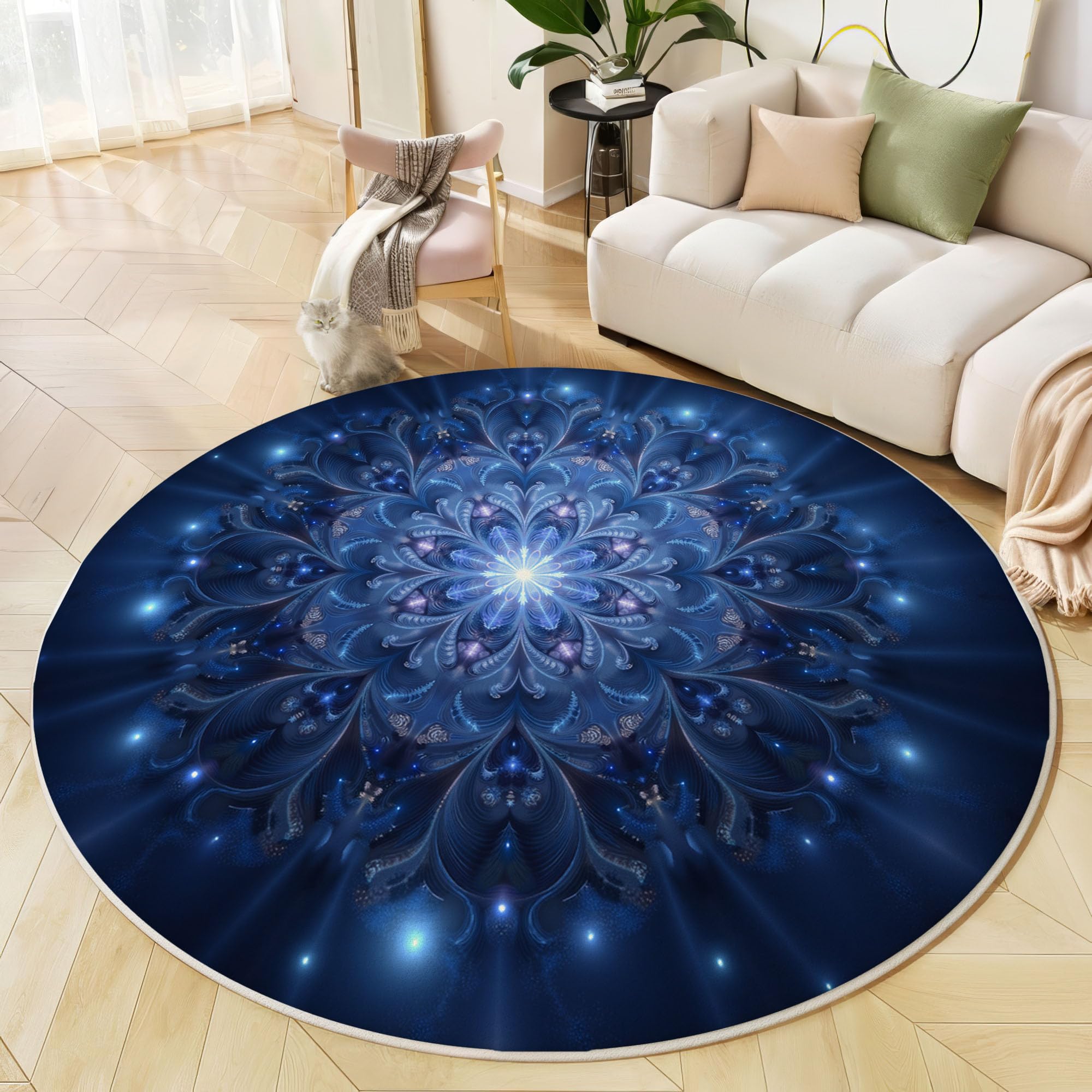 Tapis Rond Étoiles Mandala pour Salon, 120cm Circulaire Tapis Style Cosmique Mystérieux Douce Lavable Et Antidérapante pour Chambre Intérieure, Bleu Profond