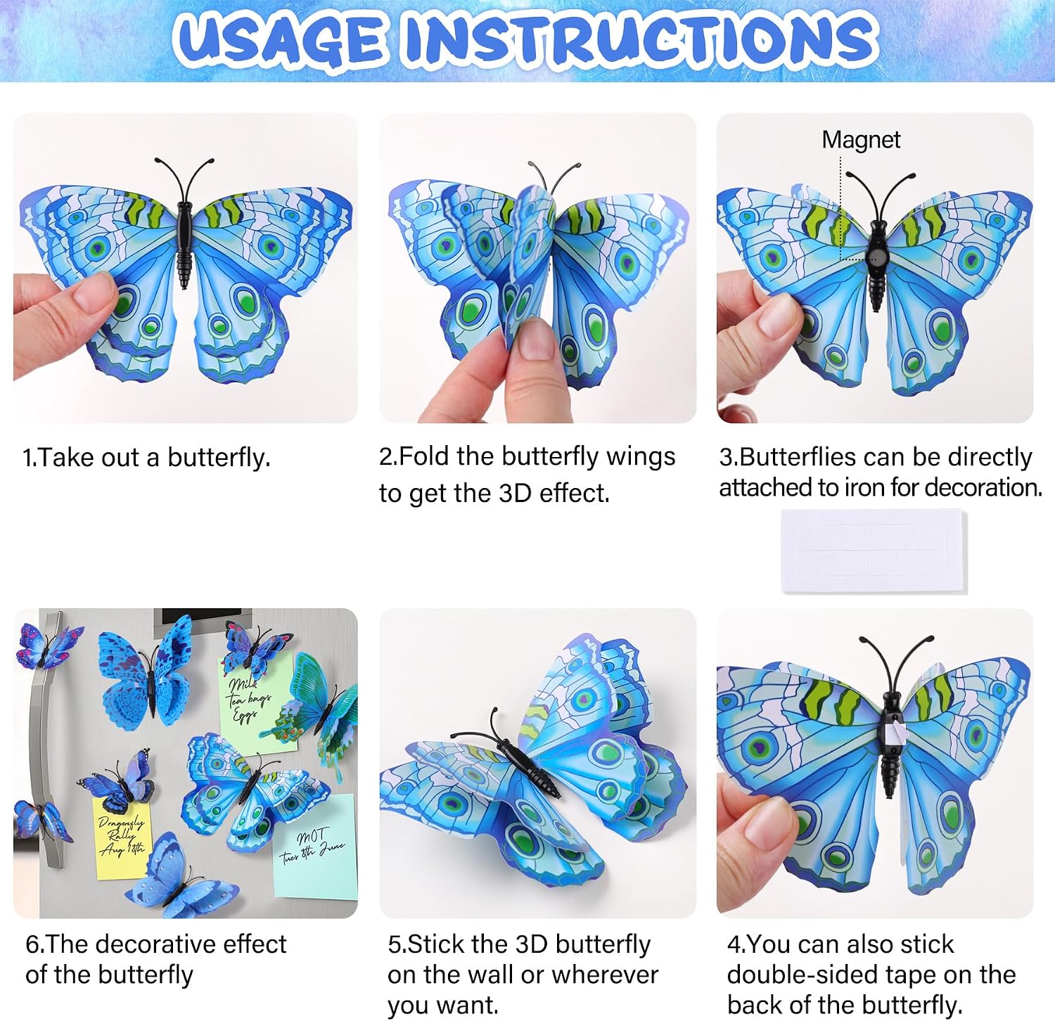 24/48 Pcs Double Wings Magnetic 3D Butterfly Wall Decor Stickers 4 Sizes Butterflies Decals Decor for Home Kids Bedroom Party Wedding Refrigerator Window Decoration (48, Blue) image 3